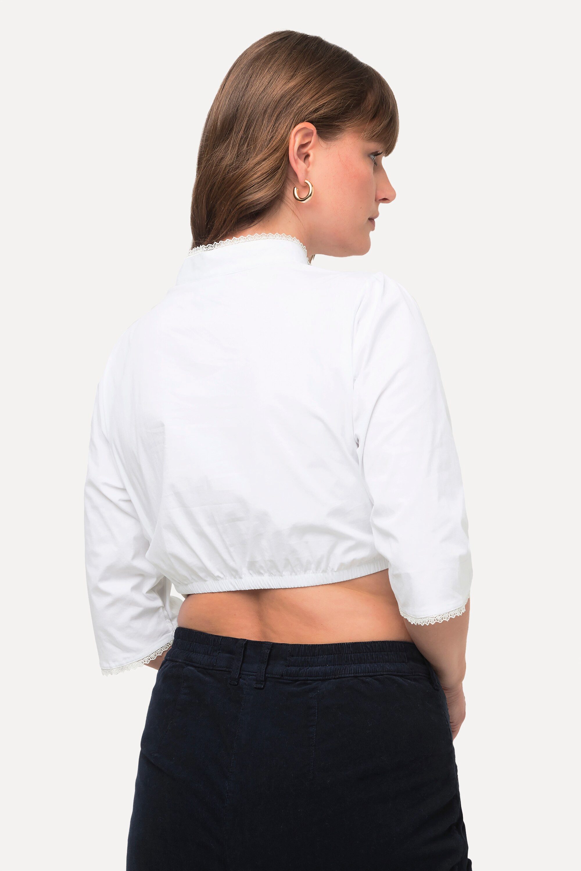 Ulla Popken Longbluse Dirndlbluse Stehkragen Spitze V-Ausschnitt 3/4-Arm
