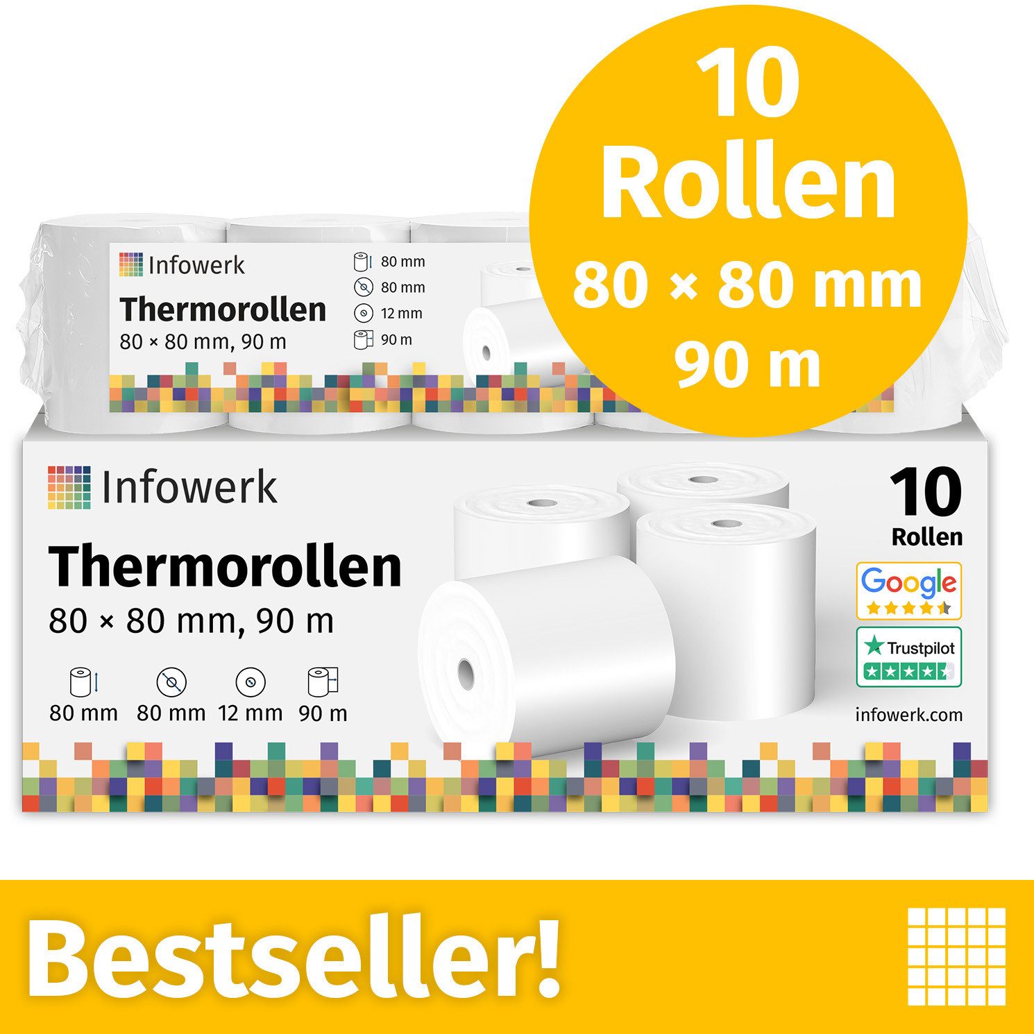Infowerk Endlospapier Thermorollen, 80 x 80 x 12mm, 90m, PEFC, Für EPSON, IBM, u.v.m., PEFC-Zertifikat (GFA-PEFC-COC-500582)