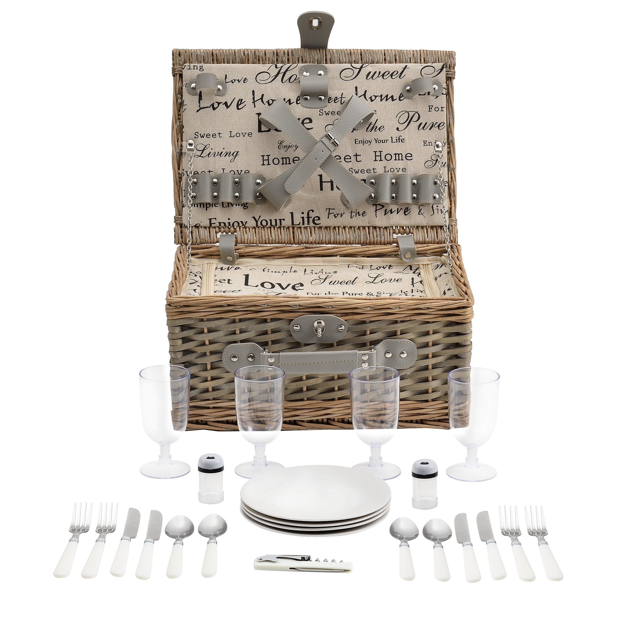 casa.pro Besteck-Set (4-tlg), 4 Personen, Weide und PU-Kunstleder, Picknickkorb mit Besteck für 4 Personen Grau