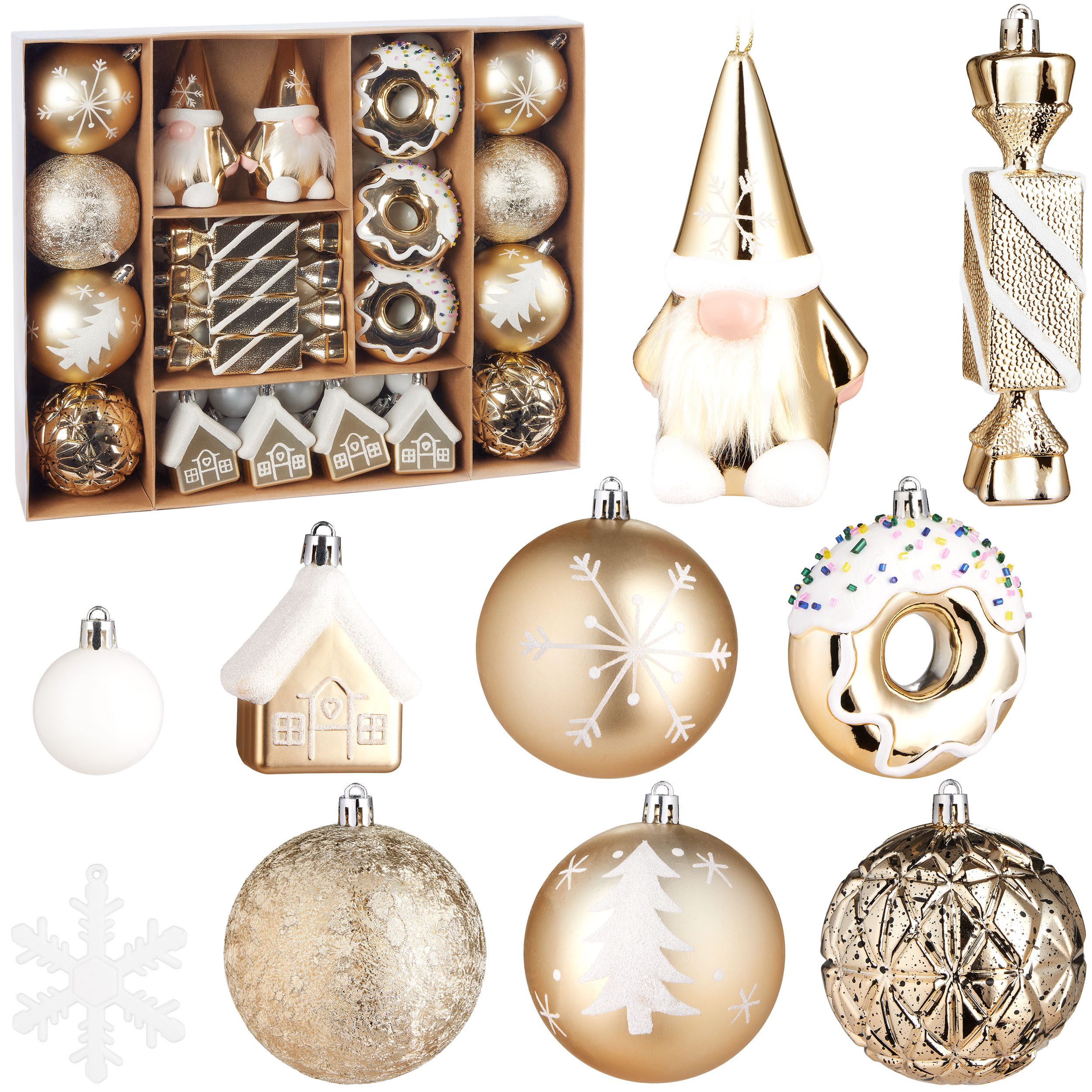 BRUBAKER Christbaumschmuck 64 Stück Christbaumschmuck - Baumschmuck Weihnachtskugel Set (64-tlg), mit Donuts, Häuser, Schneeflocken, Kugeln und Bonbons - Baumkugel