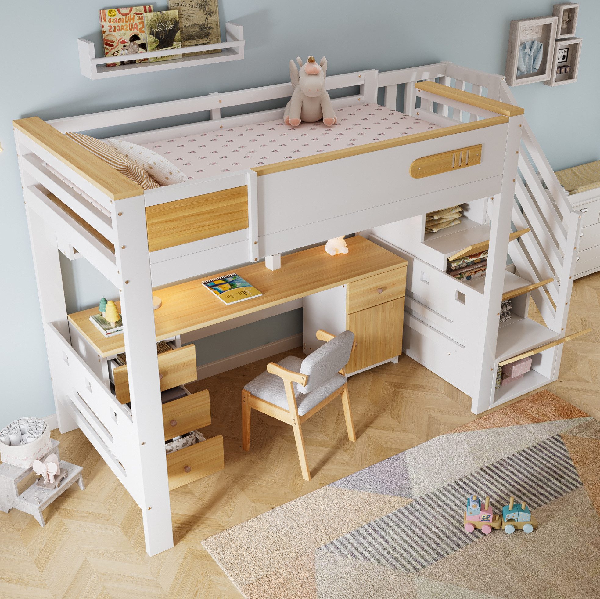 MODFU Hochbett Jugendbett mit Schreibtisch und praktischen Ablagen (Holzbett 90x200 cm, mit Treppenregal, Schubladen und viel Stauraum, Kinderbett Stauraumbett) Inklusive Matratze