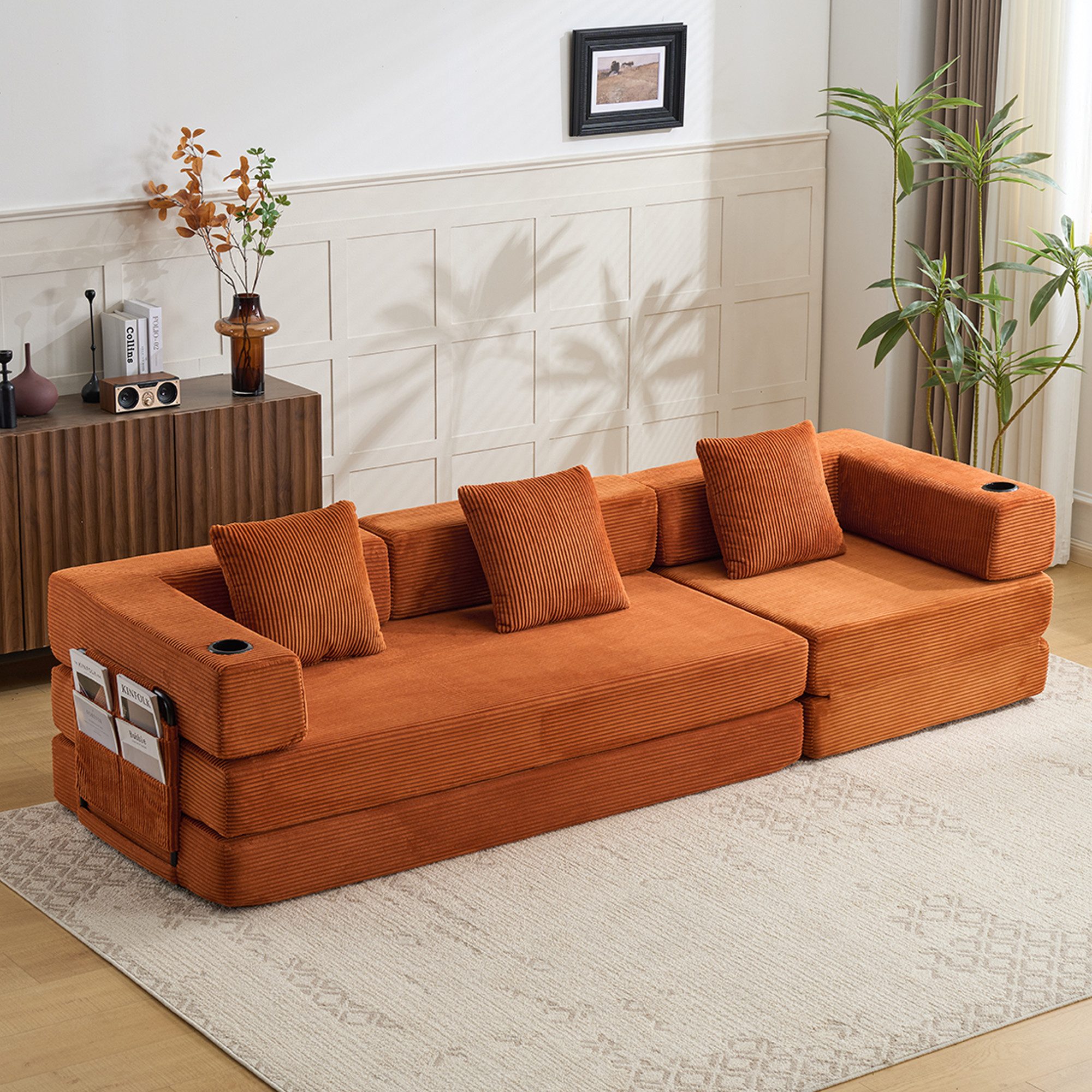 CANMOV Sofa 1&2&3 Sitzer Sofa-Bett mit Getränkehaltern, klappbares Gästesofa, Relaxsofa mit Aufklappfunktion und Cordbezug