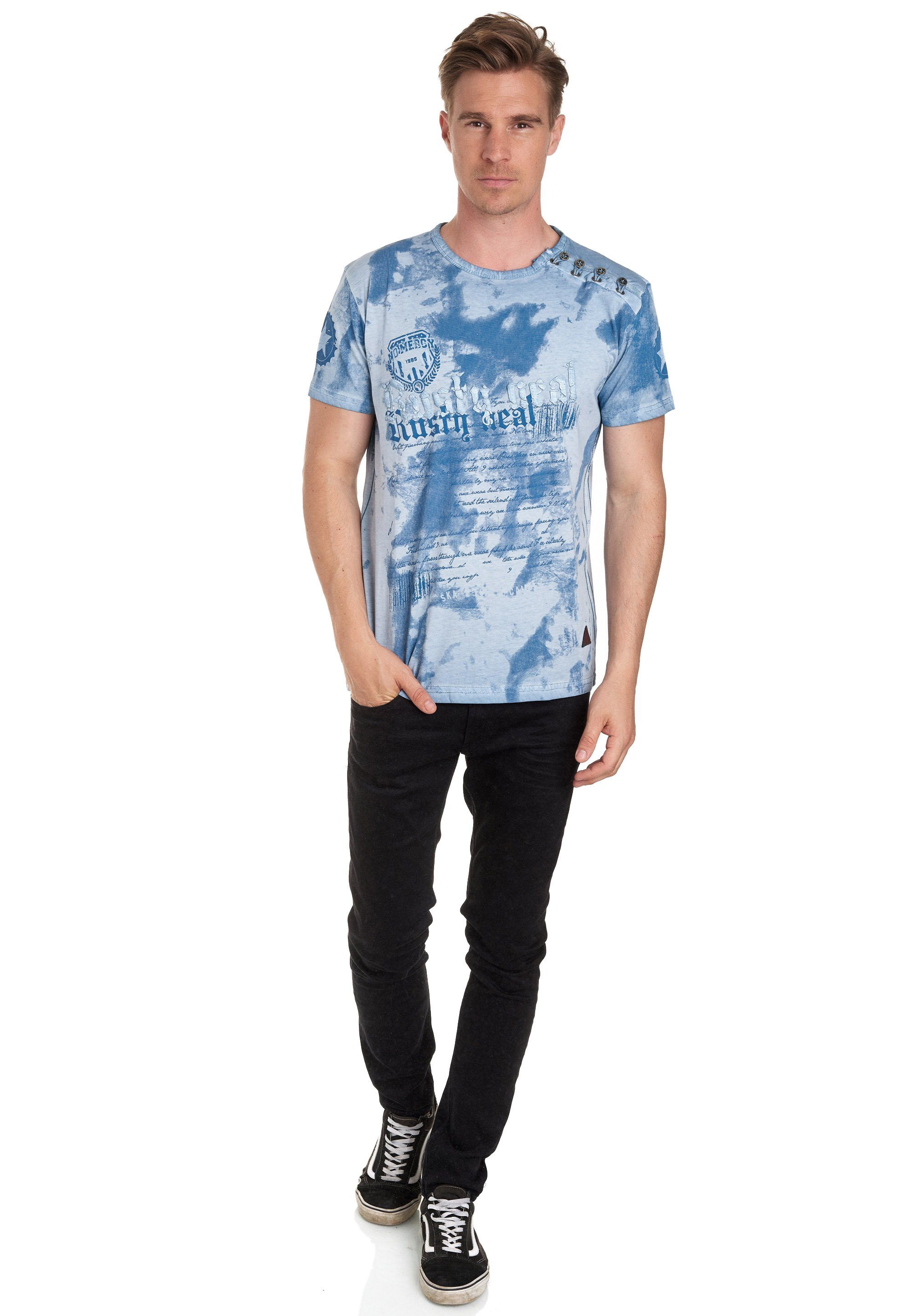 T-Shirt Neal Batik-Design tollem Rusty hellblau in