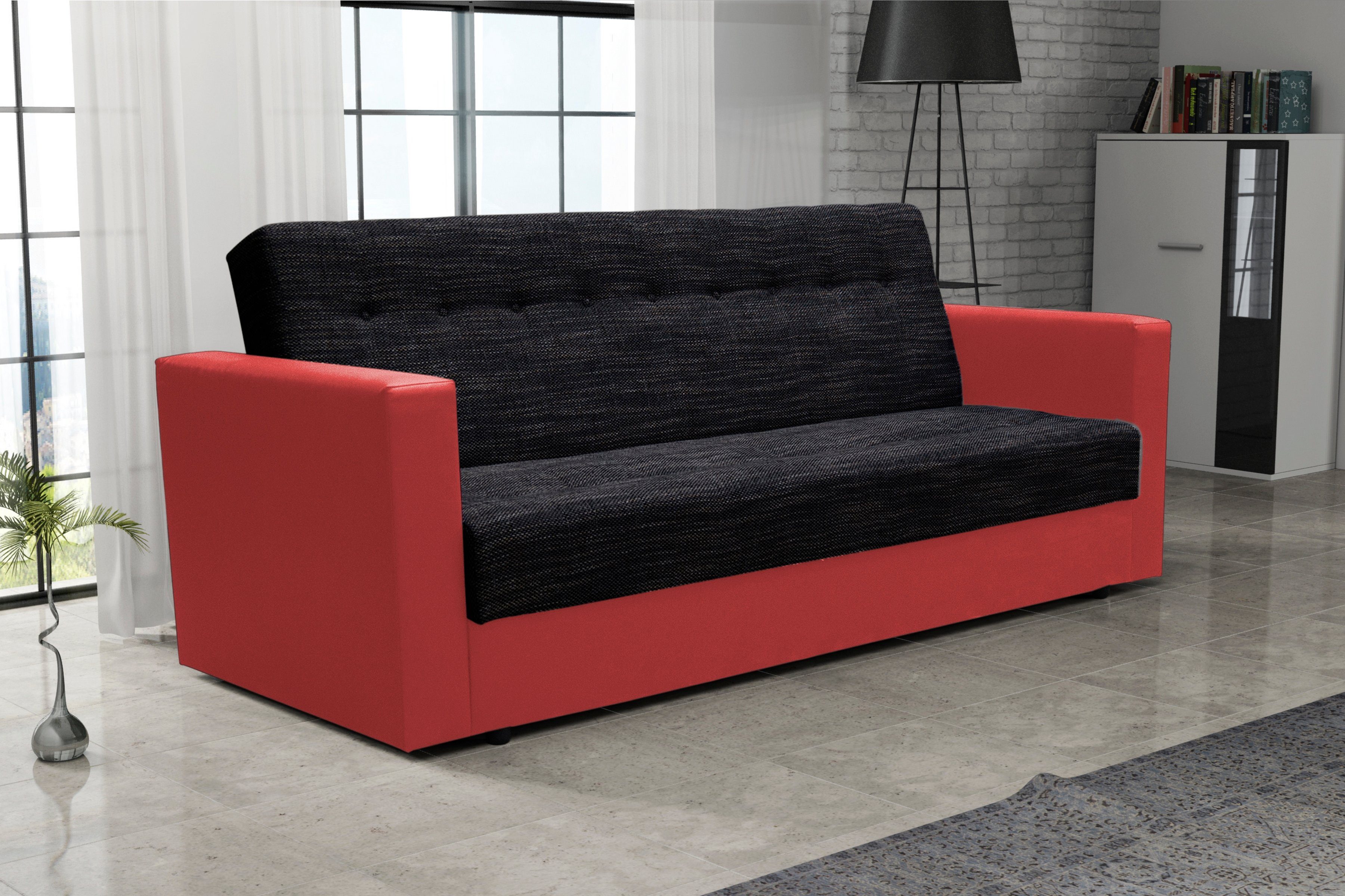 210cm Schlafsofa, Schlaffunktion Sofa pressiode PLUS Bettkasten mit COUCH WIND und Schwarz+Rot