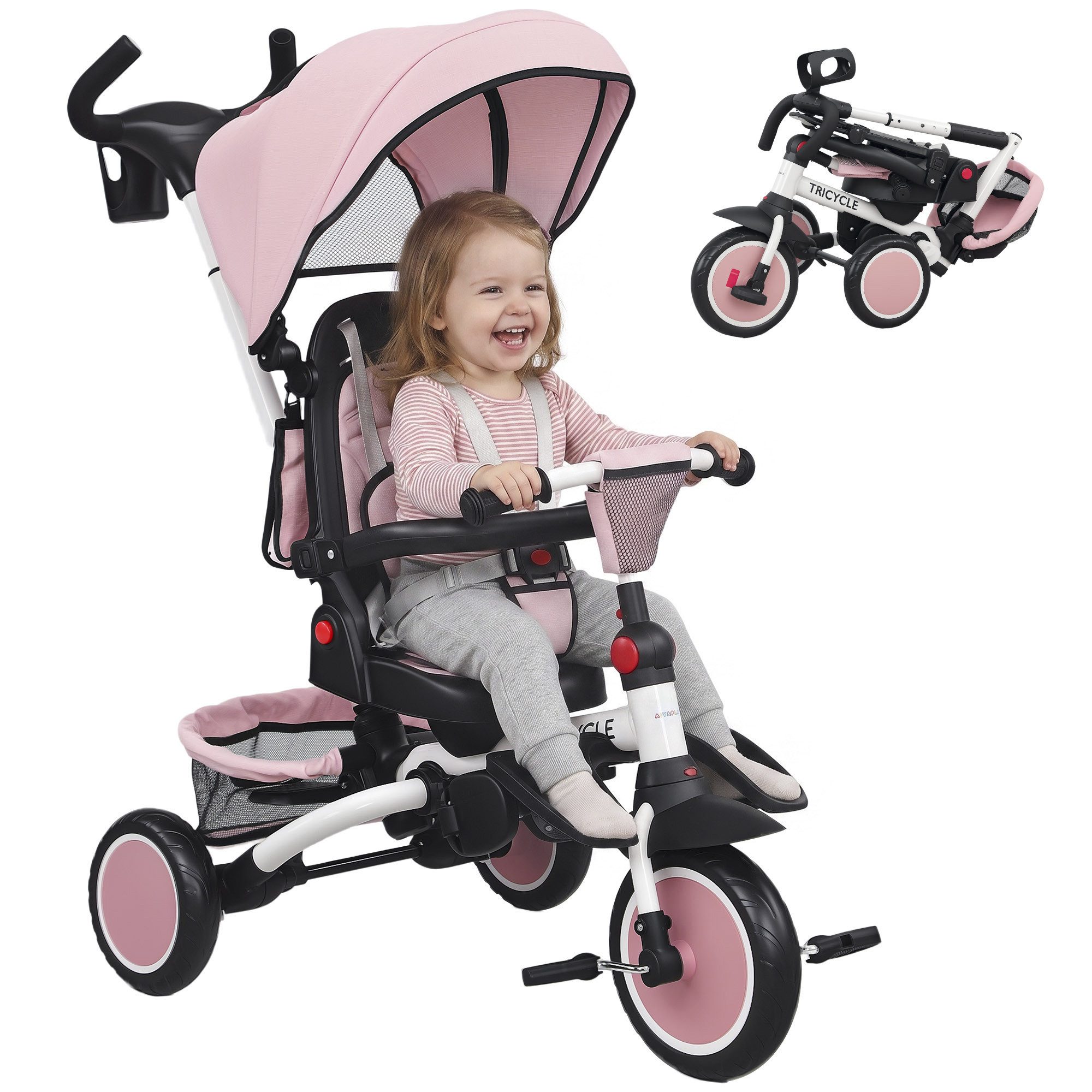 AIYAPLAY Dreirad 6in1 mit Schubstange Faltbar Kinderdreirad mit drehbarem Sitz, für 1-5 Jahre Rosa