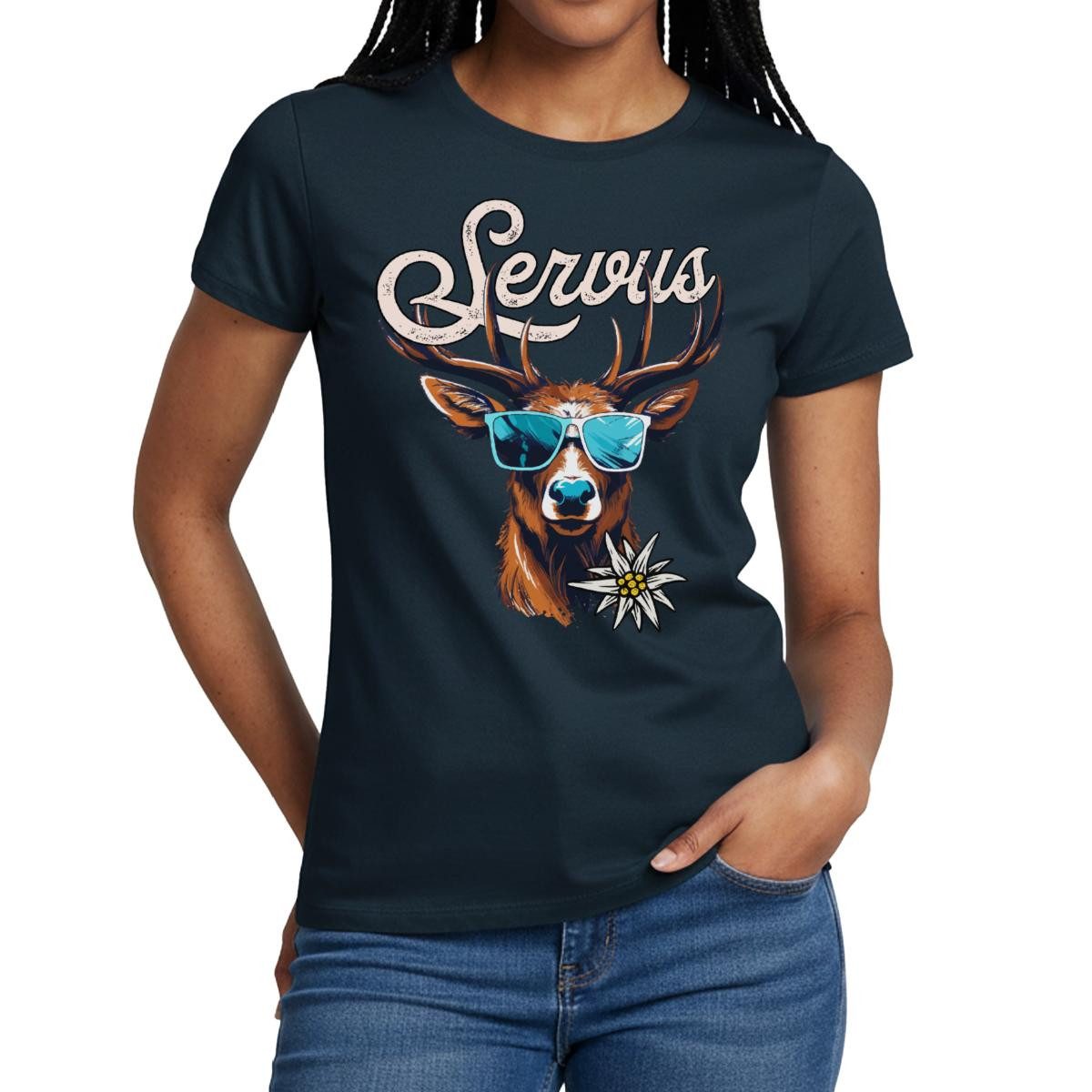 Spreadshirt T-Shirt Servus Hirsch Mit Sonnenbrille Oktoberfest Frauen T-Shirt (1-tlg) Slim Fit, fällt klein aus
