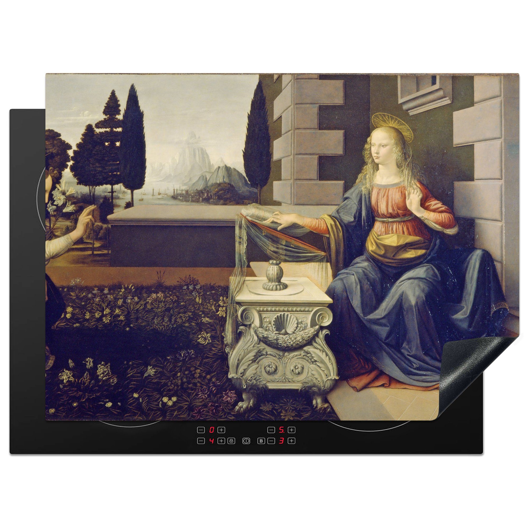 MuchoWow Herdblende-/Abdeckplatte Die Verkündigung - Leonardo da Vinci, Vinyl, (1 tlg), 70x52 cm, Mobile Arbeitsfläche nutzbar, Ceranfeldabdeckung