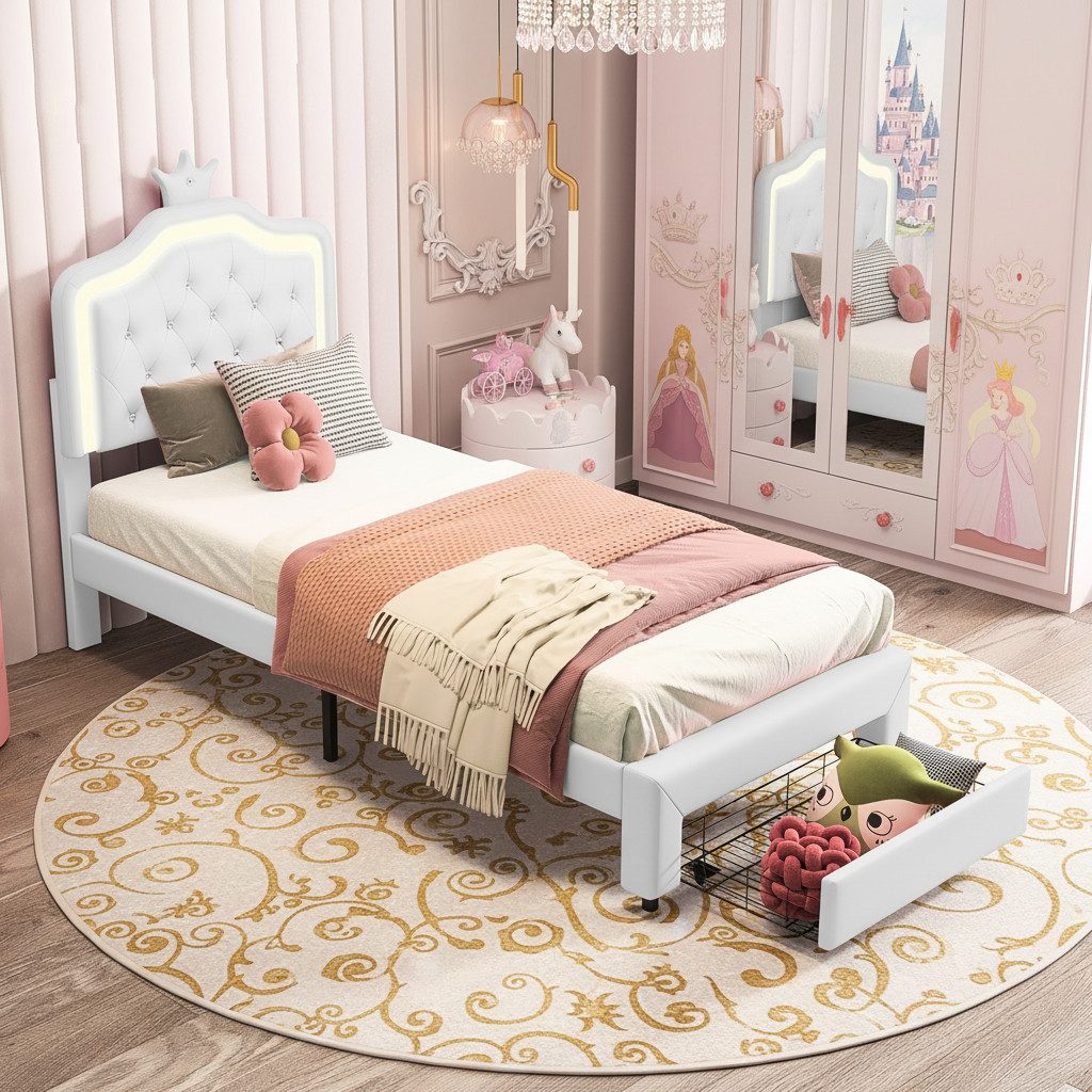 Simurq Kinderbett Prinzessin Bett, Kinderbett 90x200, Mädchen Bett, Bettgestell, Komfort-Lattenrost, Jugendbett mit Stauraum, Kunstleder, pflegeleicht