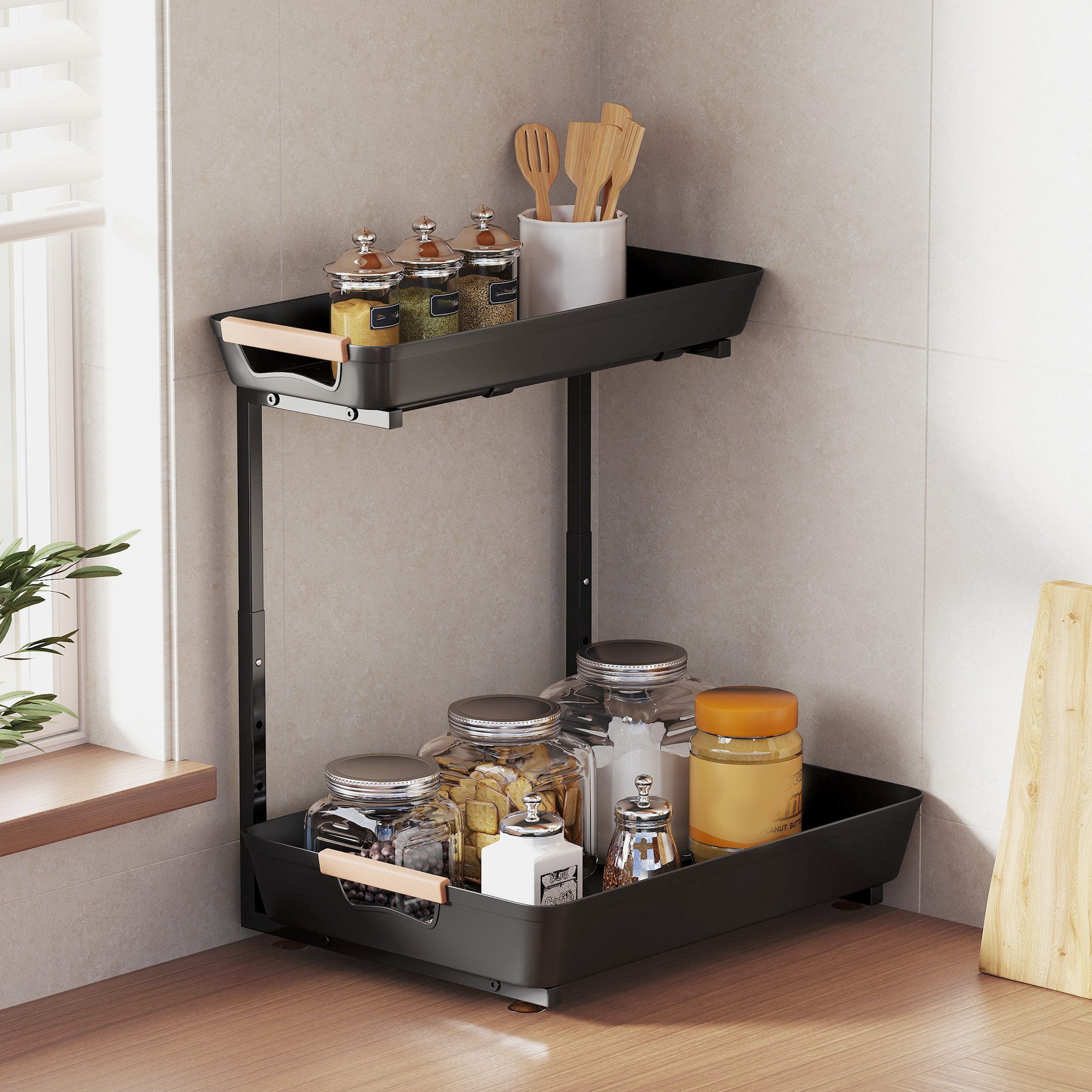 HOMCOM Küchenregal Küchen-Organizer, 2 Ausziehkörbe, Metallregal, 40x30x33,5-42, Kaffeebar 1-tlg., Schwarz, 96,5 x 38 x 165 cm