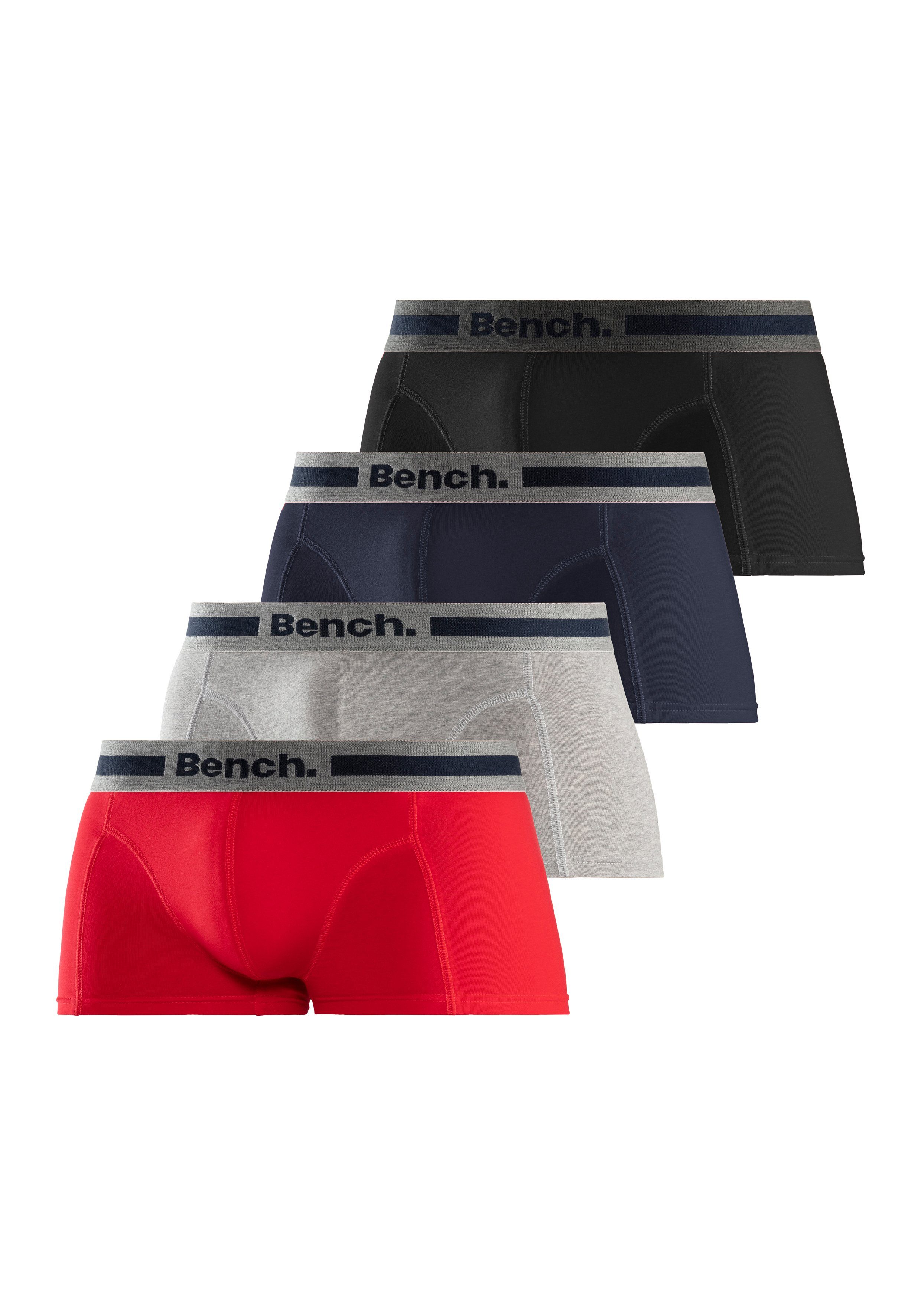 Bench. Boxershorts (Packung, navy, 4-St) rot, Hipster-Form vorn mit in Overlock-Nähten schwarz grau-meliert