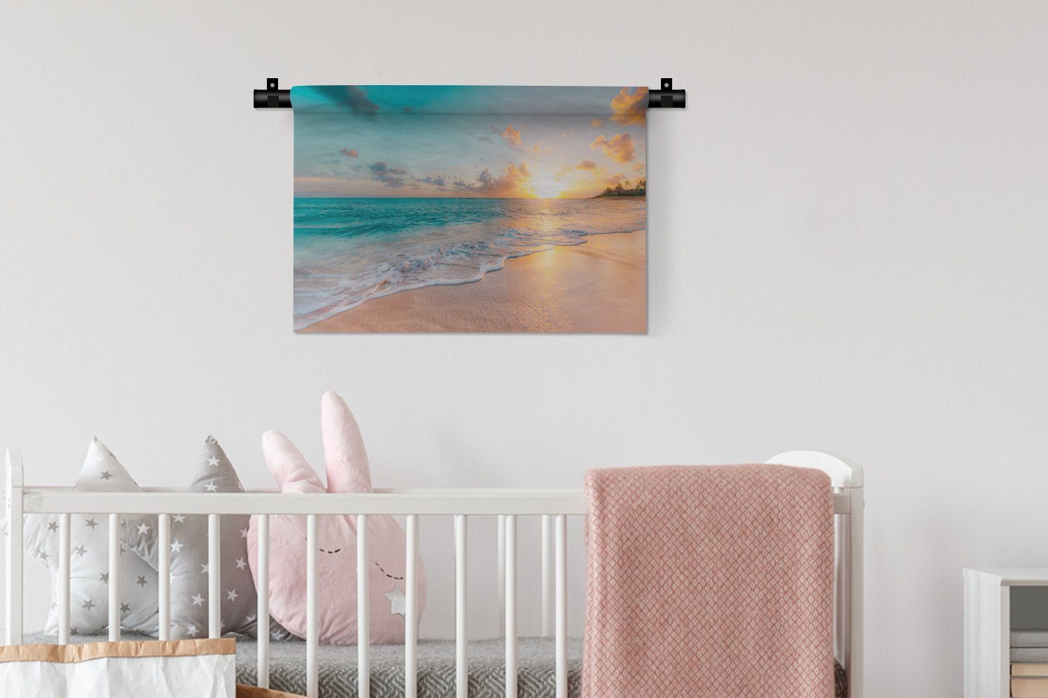 Wanddekoobjekt Kinderzimmer - - Meer Blau, Strand MuchoWow Wanddeko Wandbehang, Kleid, für Sommer Schlafzimmer, Wohnzimmer, - - Sonnenuntergang