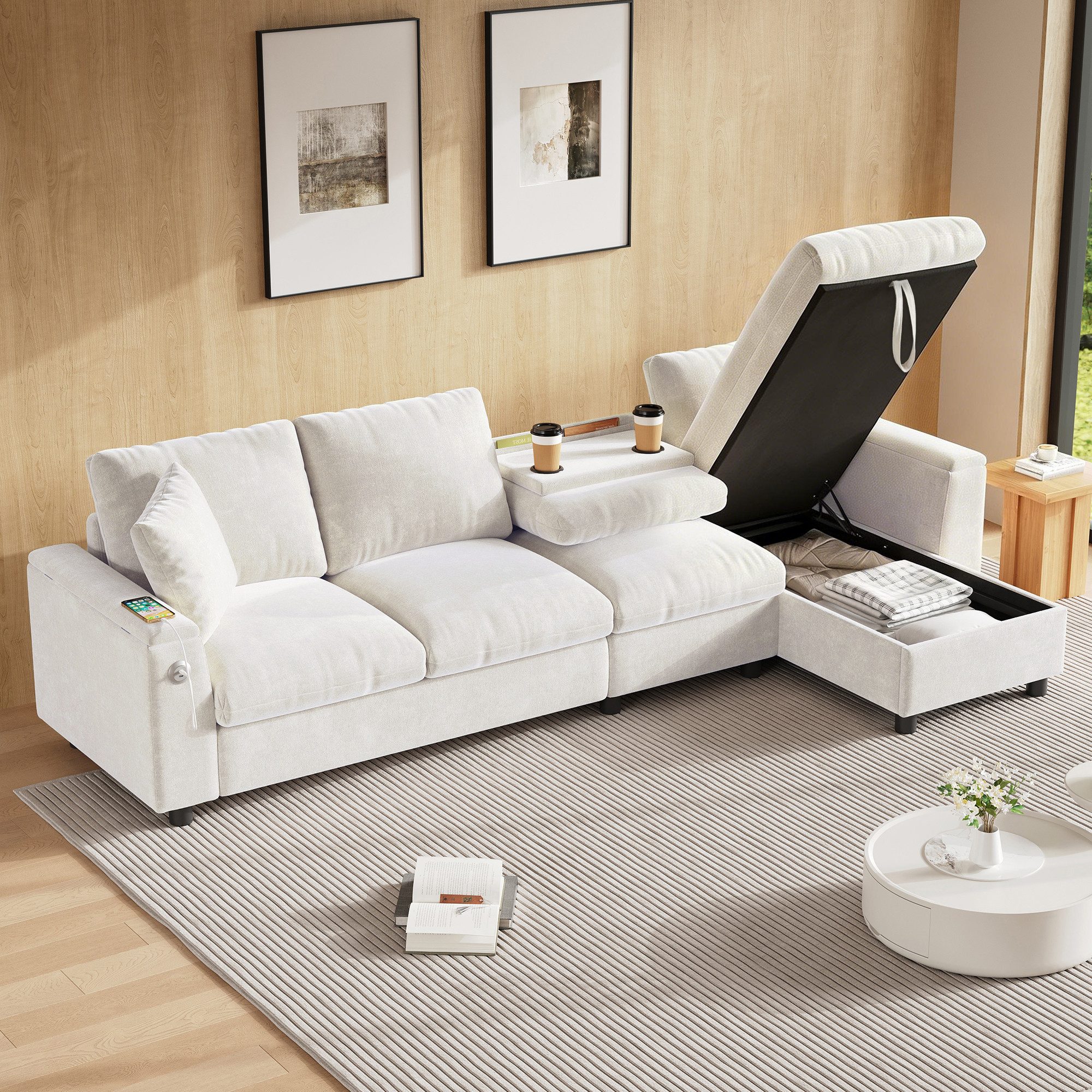 Flieks Ecksofa mit 1 USB und 1 Typ-C, Links und rechts austauschbar, 4-Sitzer, L-förmig Chenille-Stoffsofa mit Bettkasten & 2 Zierkissen grau