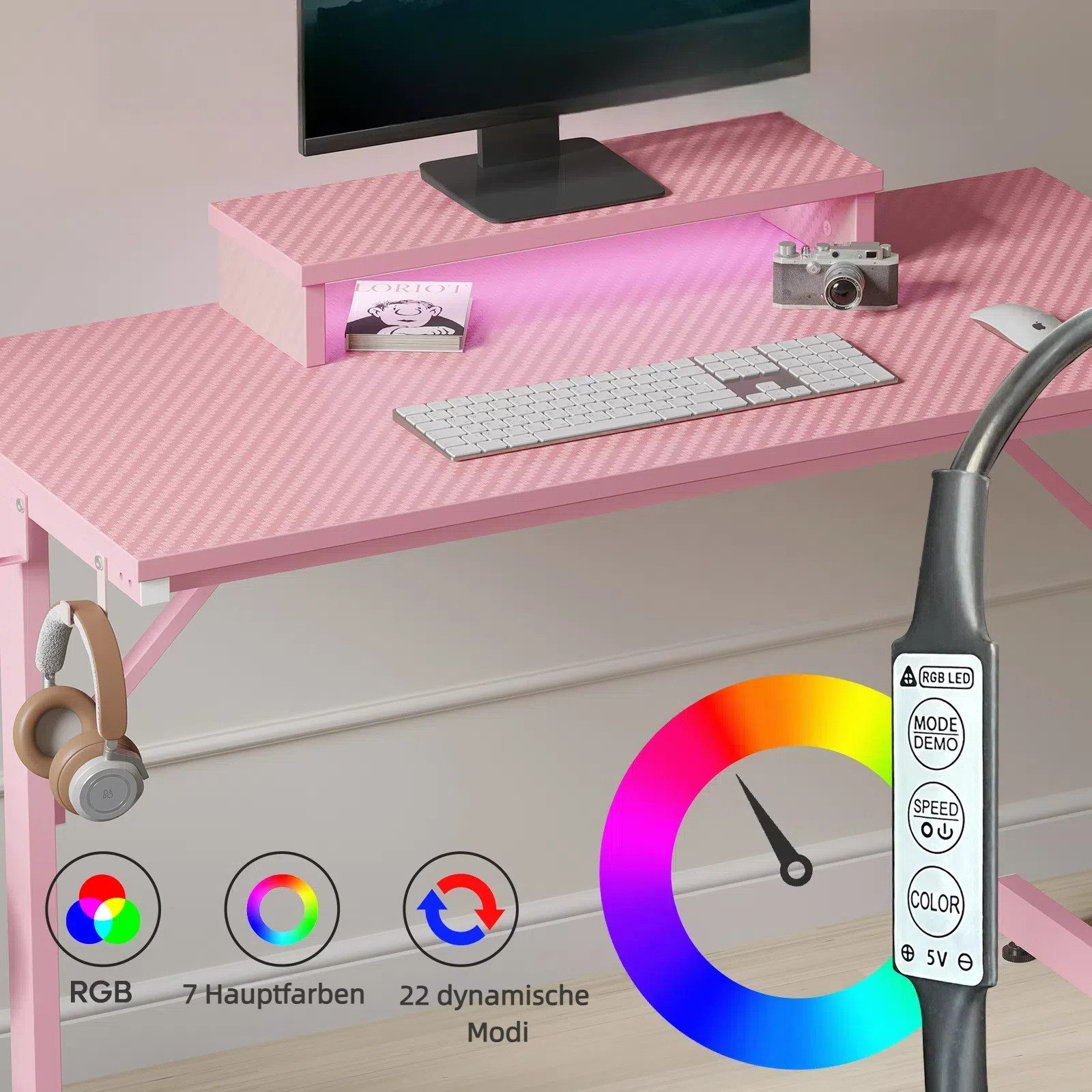 Bestier Gamingtisch 106cm Gaming Schreibtisch mit RGB-LED, 106cm Jugendschreibtisch (Gamer Tisch mit Tablett Ständer, Getränkehalter und Kopfhörerhaken, Tablett – Bild 4 von 5