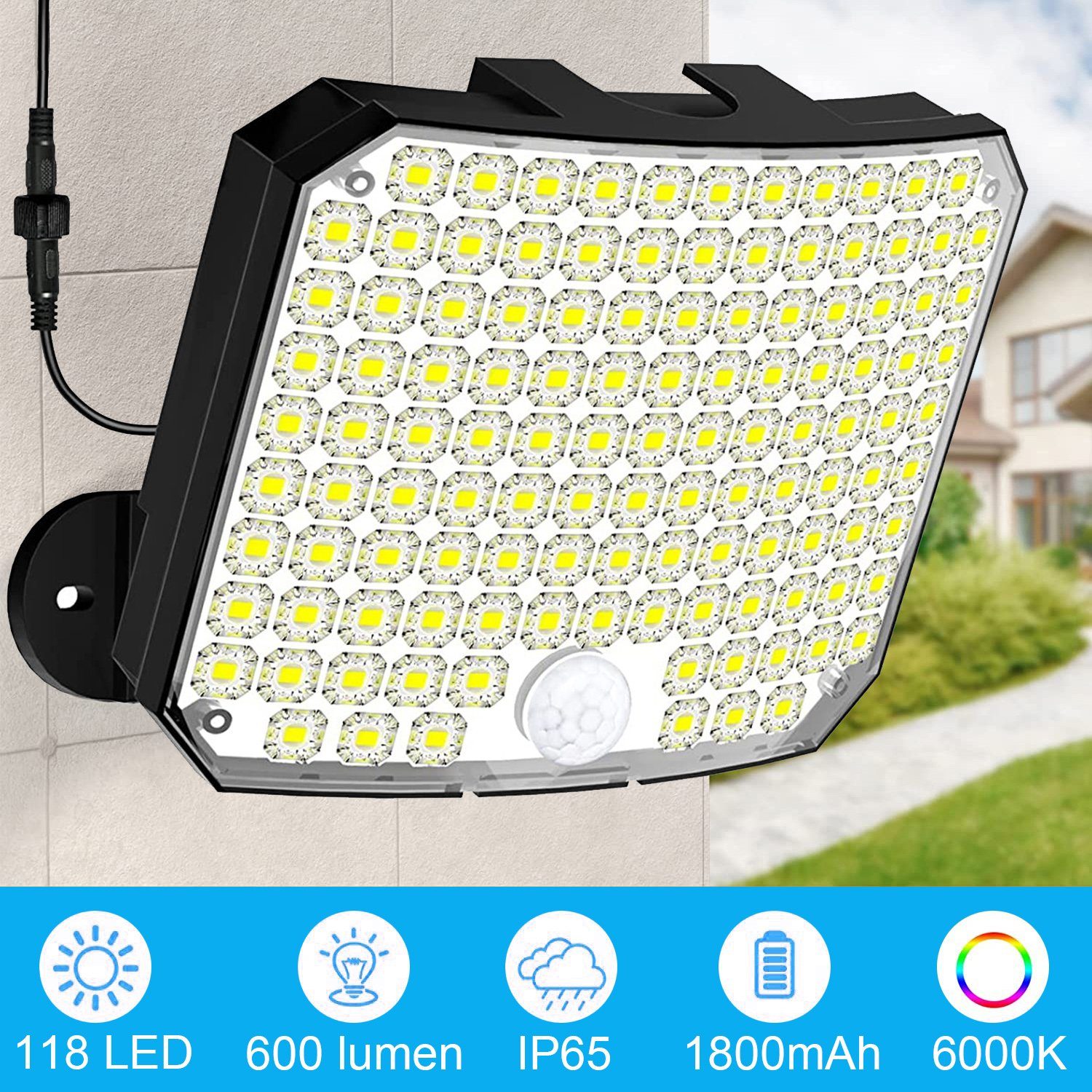 3 LEDs, Solarleuchte,118 IP65 für Modi Gartenleuchte Bewegungsmelder, LED Garage, Hinterhof Wasserdichte, LED Fernbedienung, fest Garten Sunicol integriert,