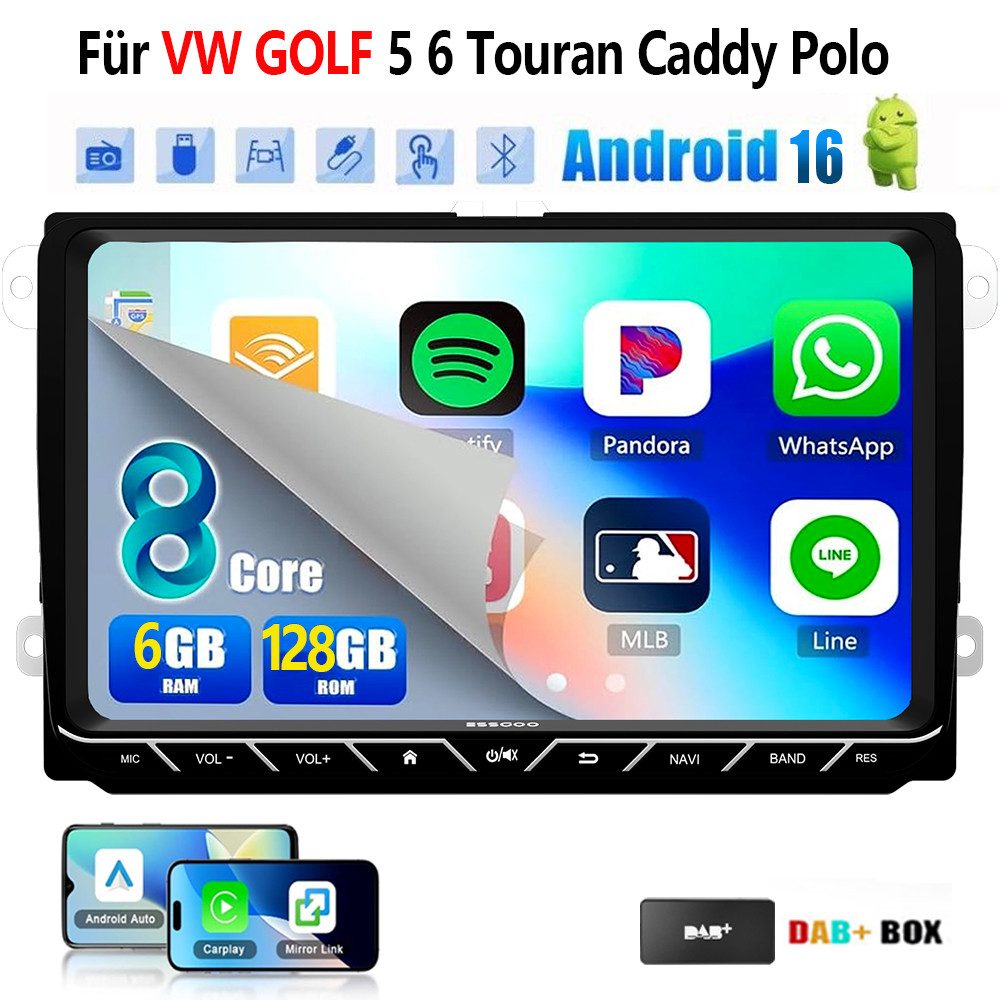 ESSGOO DAB+ Android16 6+128G Carplay GPS 4G Für VW GOLF 5 6 Touran Caddy Polo Autoradio (6GB+128GB, RDS, 4G LTE, FM, AM, DAB+ (optional), SWC, Carplay Android Auto Bluetooth EQ USB GPS Navi WIFI Touchscreen)