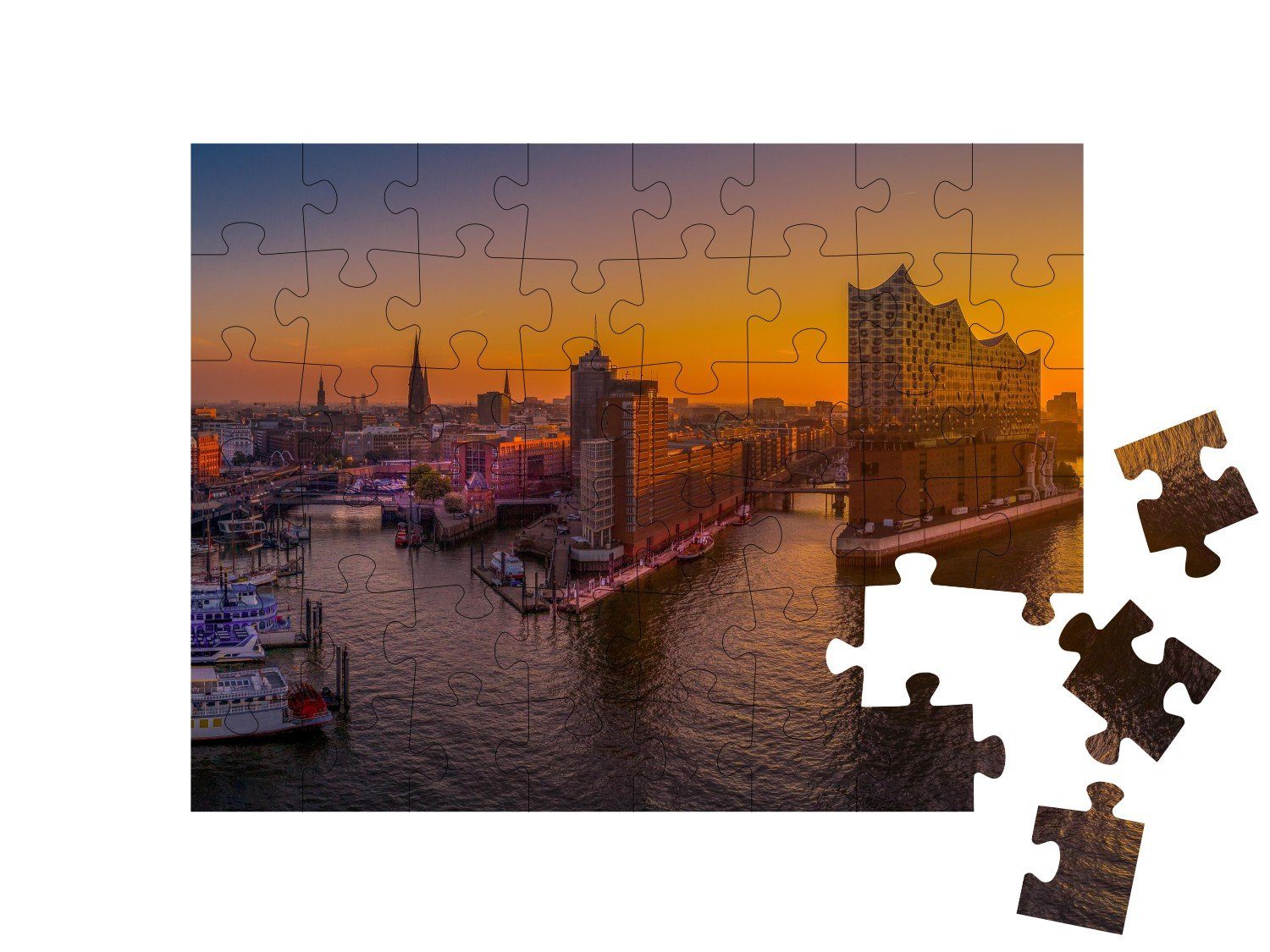 Elbphilharmonie, mit Teile, über Sonnenaufgang Puzzle Puzzleteile, Teile, Teile, 48 48 500 Teile puzzleYOU-Kollektionen Hamburg der 200 100 puzzleYOU