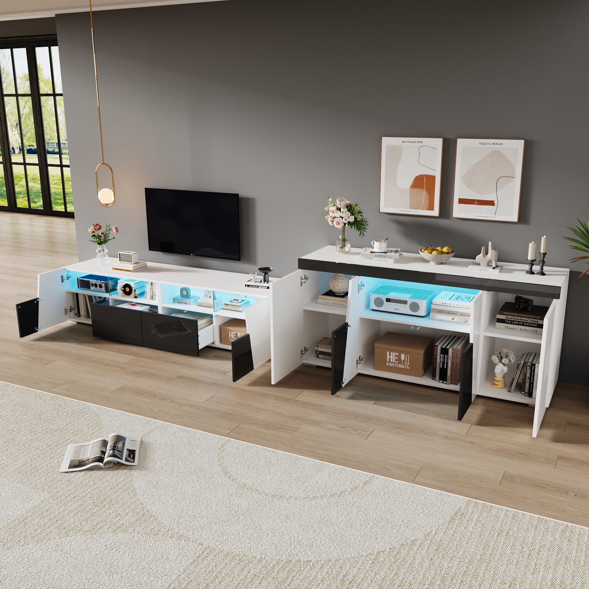 Odikalo Schrank-Set TV Schrank und Sideboard mit LED, (180*38.5*45cm Hochglanz TV stand, Fernsehschrank mit LED-Beleuchtung, Lowboard,140 x 40 x 65 cm, Wohnzimmer-Sideboard,Schwarz-Weiß)