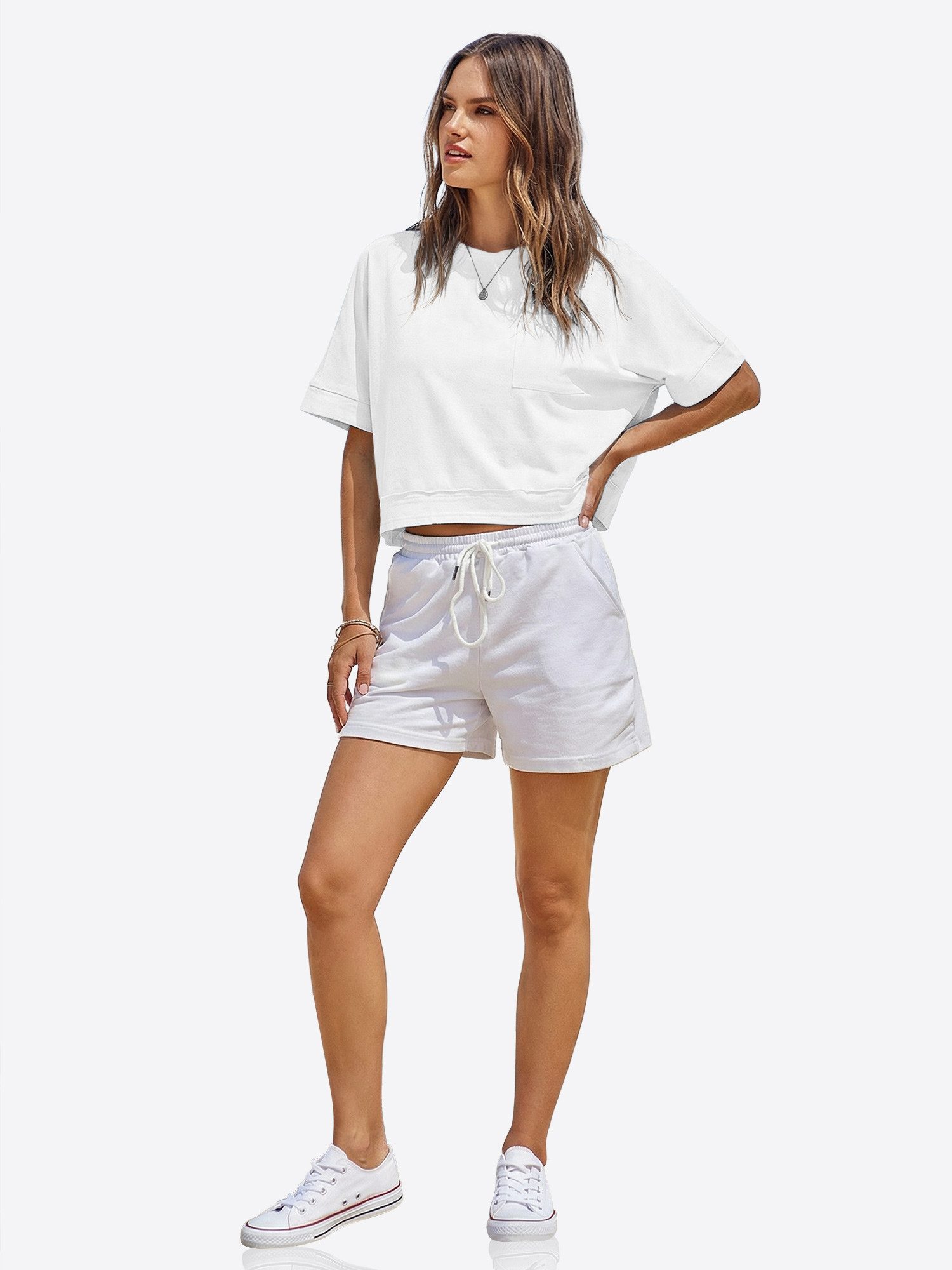 Imily Bela T-Shirt Damen Oversize Cropped Kurzarm Sommer Basic Casual mit Brusttasche (Packung, 1-tlg., 1per-Pack) mit Rundhalsausschnitt in Unifarbe