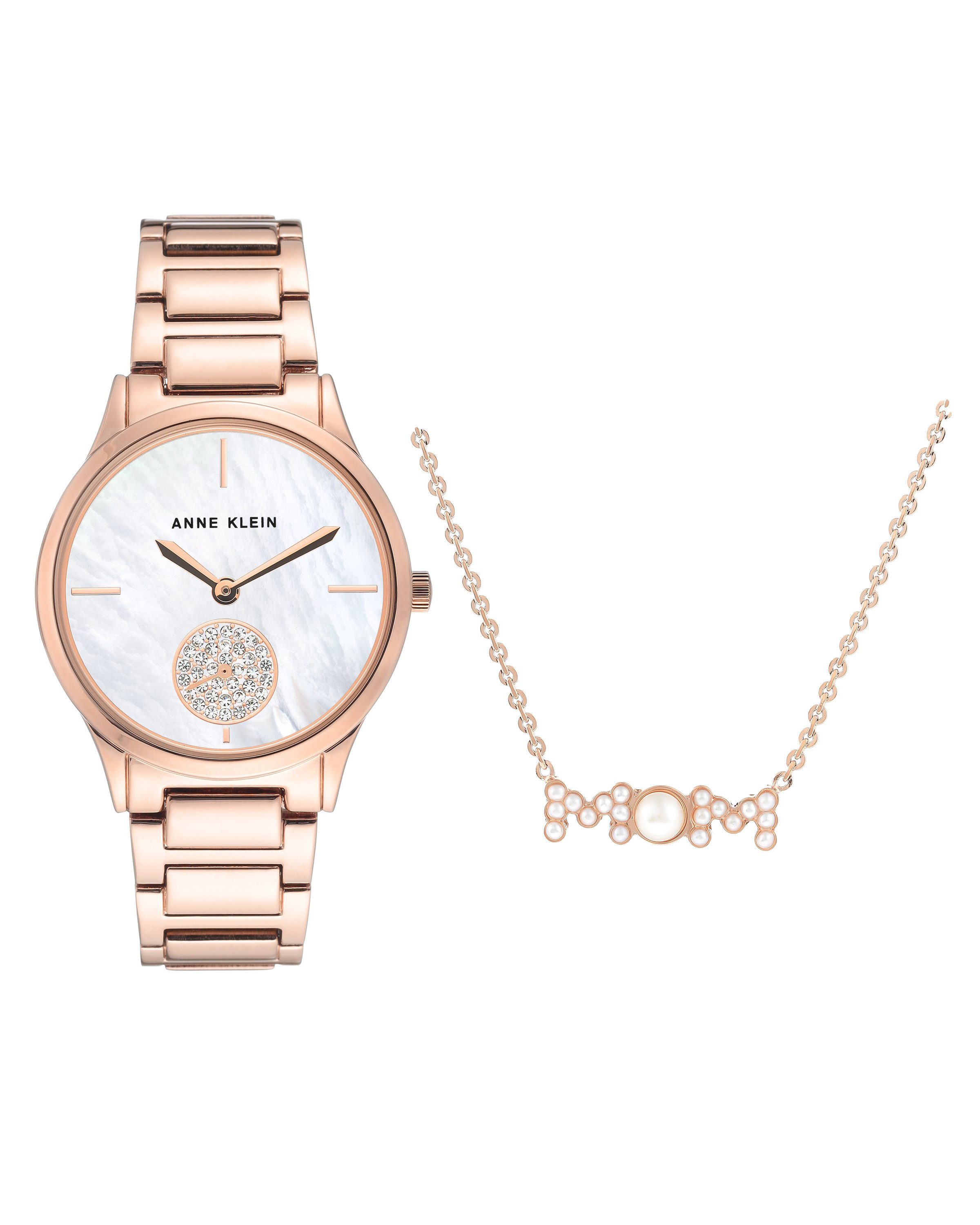 Damen Uhren ANNE KLEIN Quarzuhr AK/3674RGST roségold mit Perlenkette, (Set, 2-tlg), Geschenksets