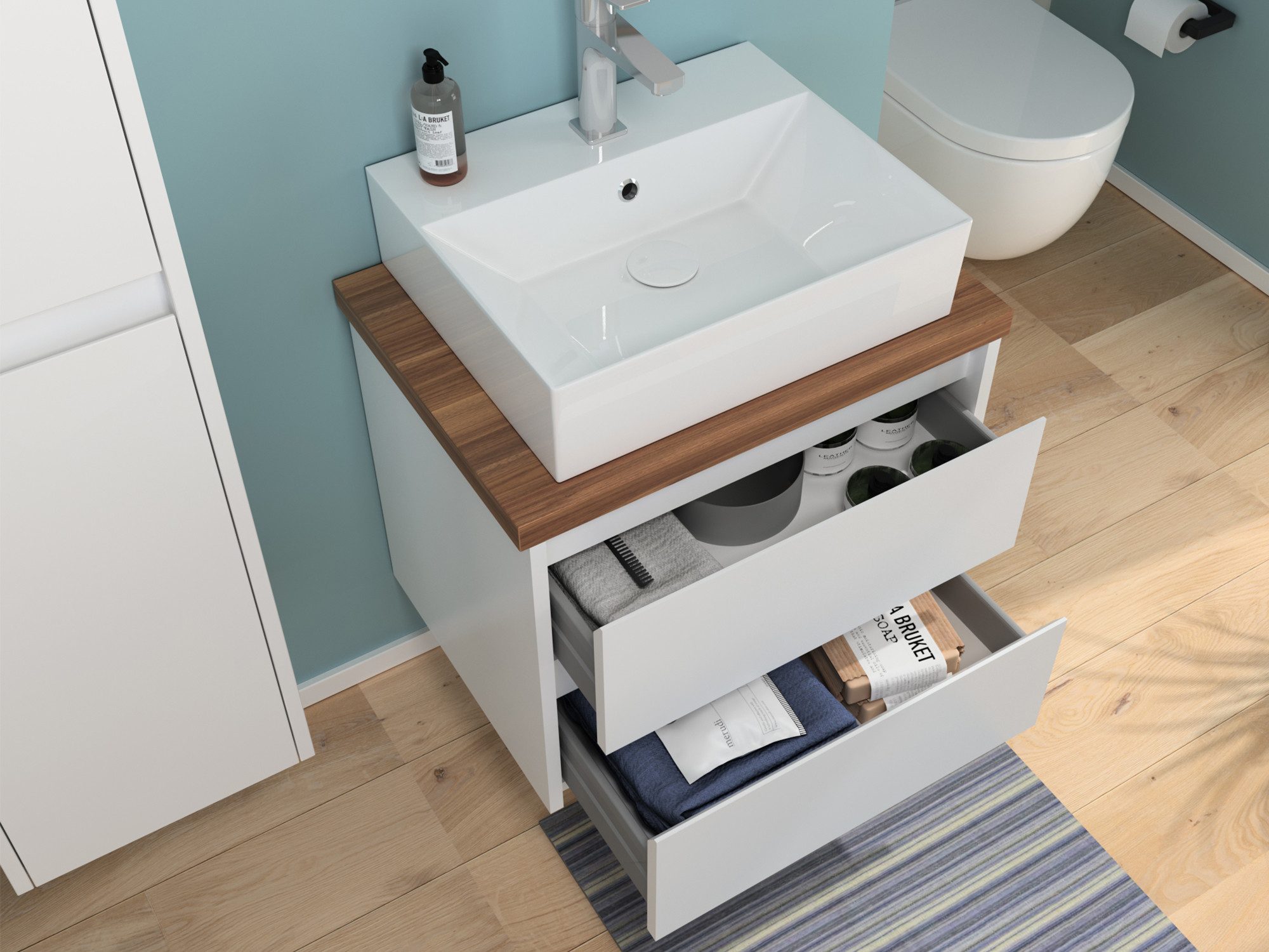 Aqua Bagno Badmöbel-Set Duo Badmöbel 60 cm Weiß Hochglanz Lackiert mit Trägerplatte & Keramik, (Badschrank vormontiert, 3-St., Unterschrank hochglanzlackiert, Trägerplatte melaminbeschichtet), einfache Monatge