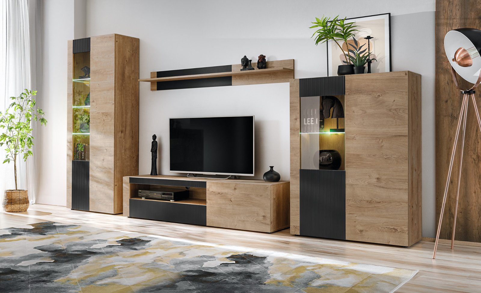 Inn.Furn Wohnwand Heron, (Schrankwand in Eiche mit Schwarz, 4-St., 25 Fächer, 350 x 192 cm), inklusive LED Beleuchtung