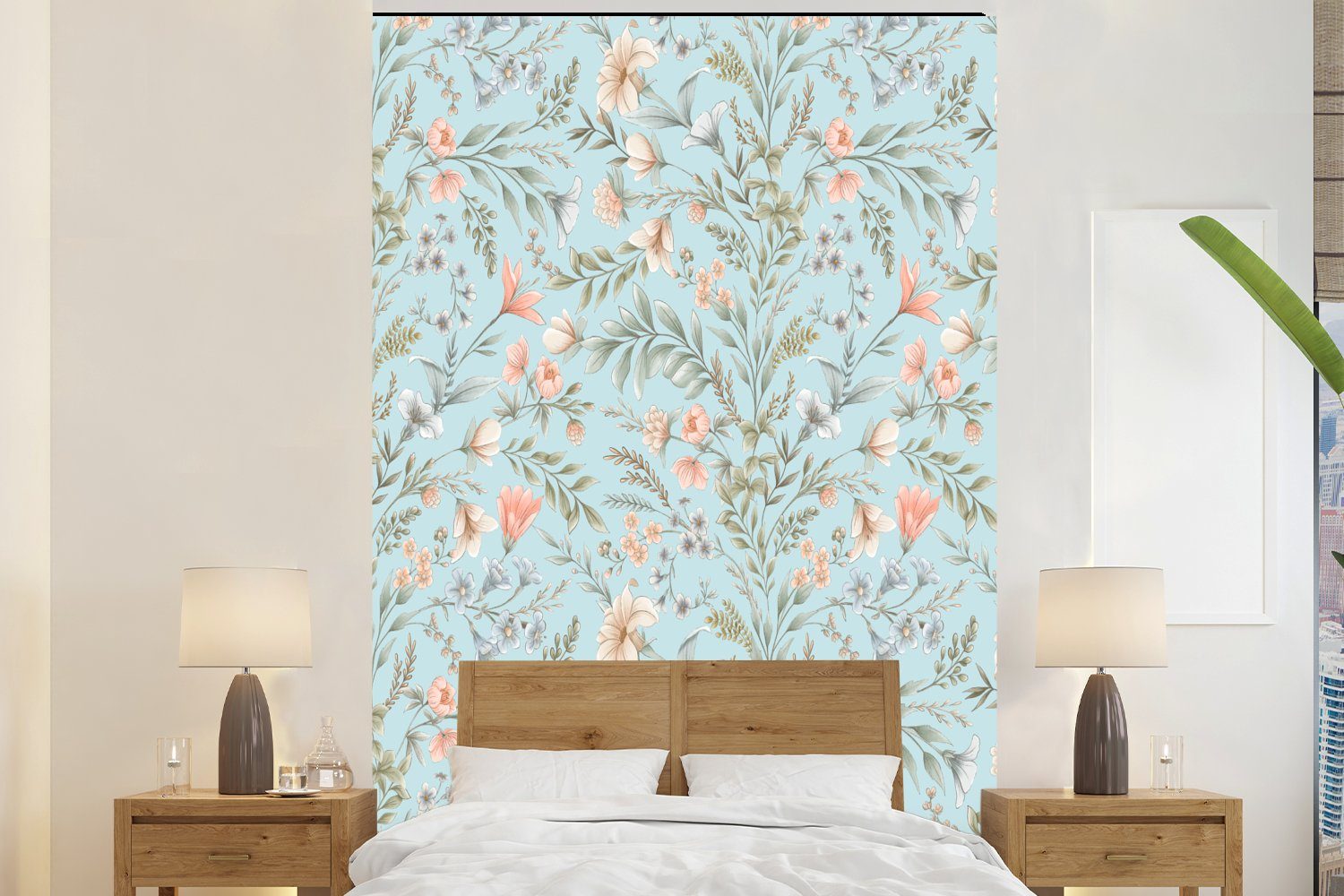 MuchoWow Fototapete Blumen - Frühling - Blau, Matt, bedruckt, (3 St), Montagefertig Vinyl Tapete für Wohnzimmer, Wandtapete