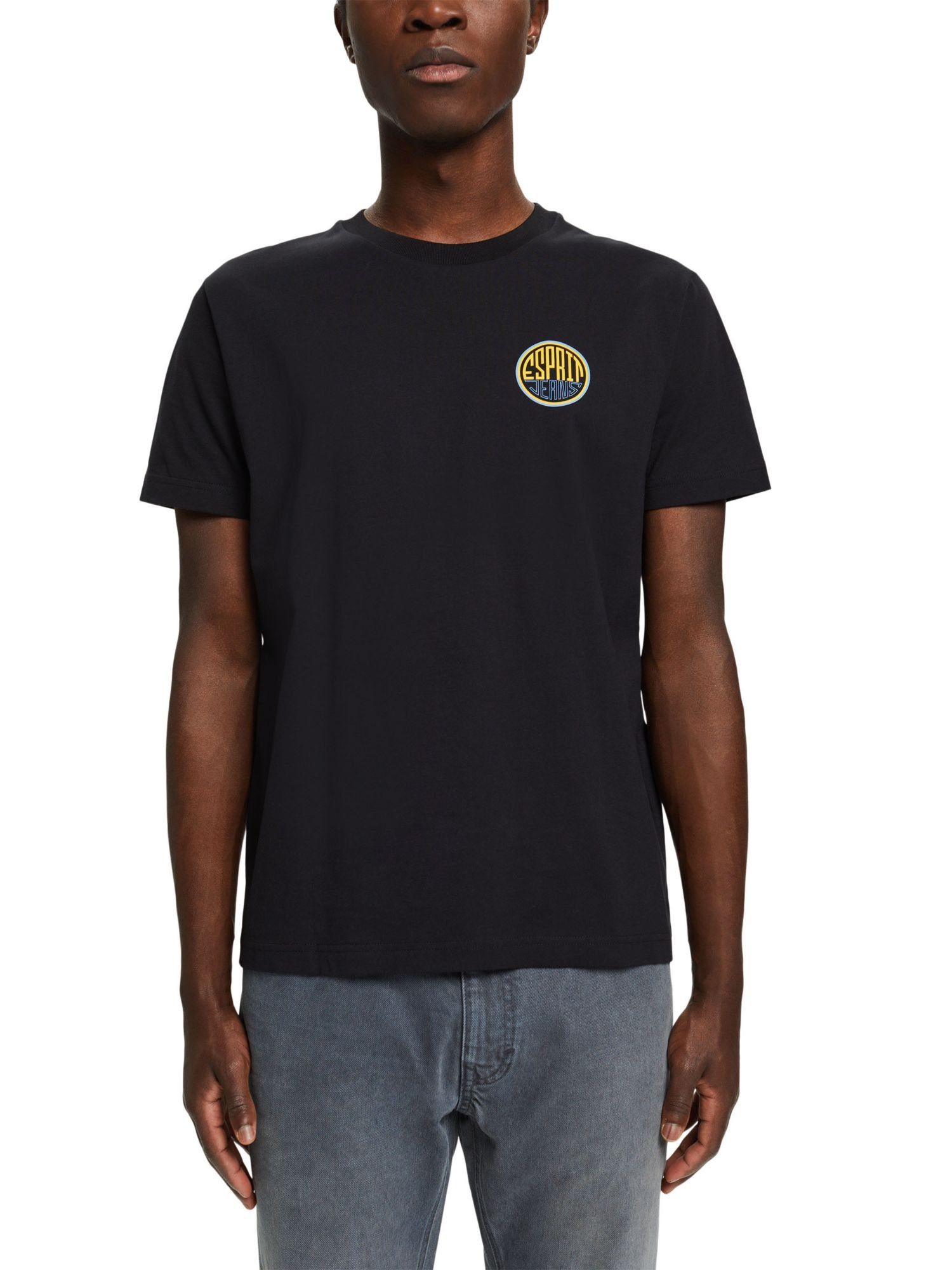 Baumwoll-T-Shirt (1-tlg) Langarmshirt mit auf der BLACK Esprit Print Brust