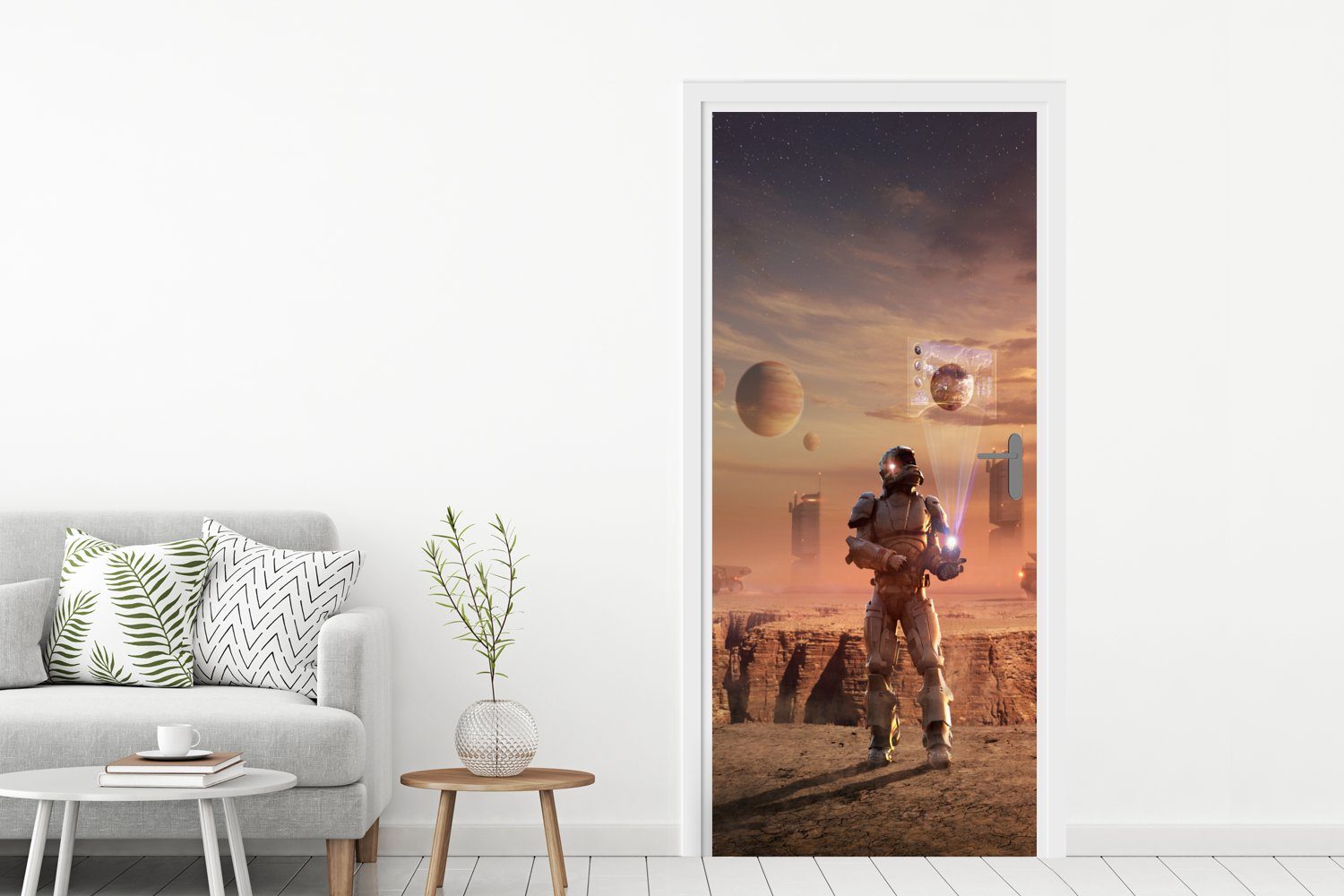 Astronaut Tür, cm 75x205 dem Matt, Fototapete St), MuchoWow Türaufkleber, Mars, bedruckt, Türtapete (1 auf für Ein