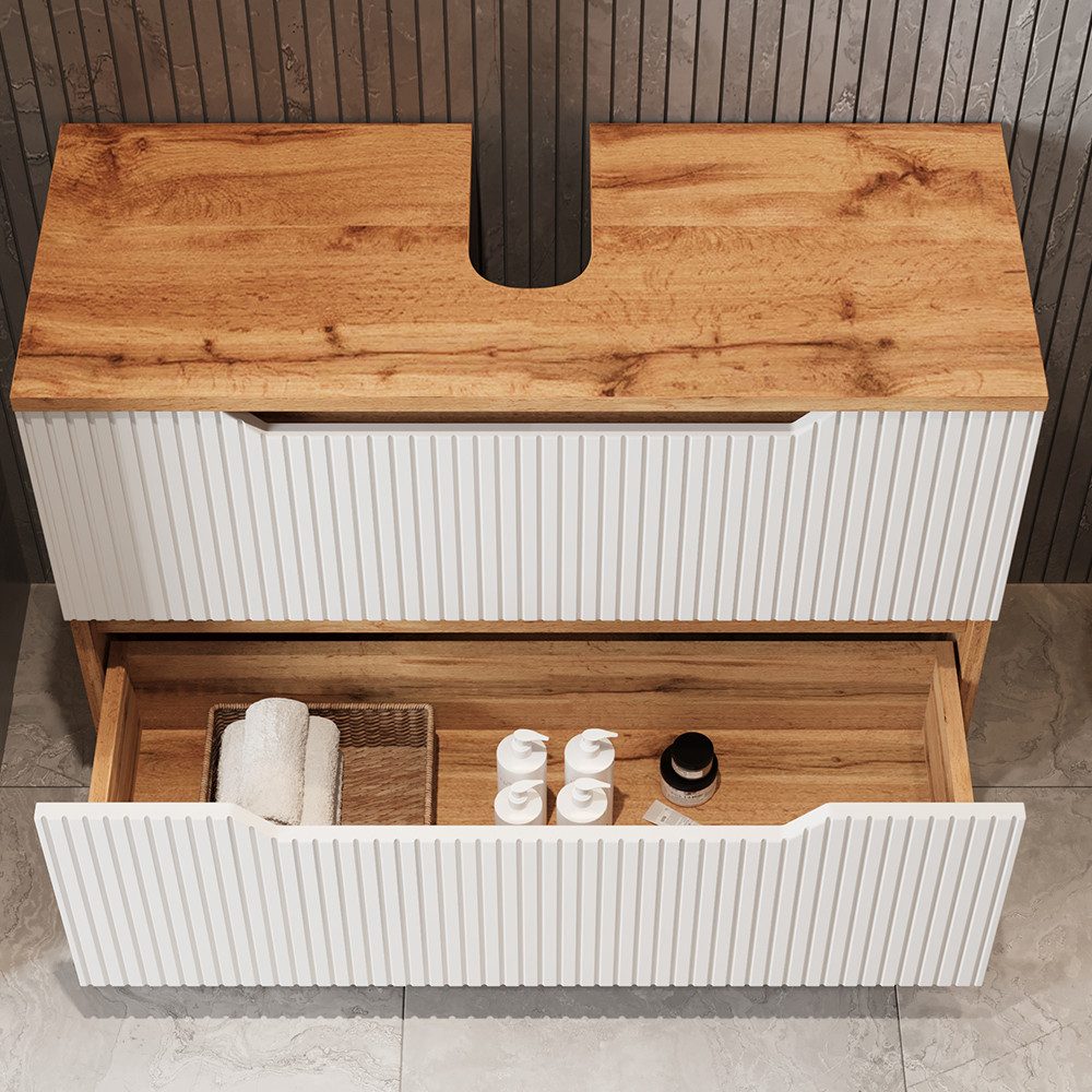 Vicco Waschbeckenunterschrank Lotta, Eiche/weiß gestreift, 79.6 x 62.5 cm mit 2 Schubladen (1-St) – Bild 5 von 5