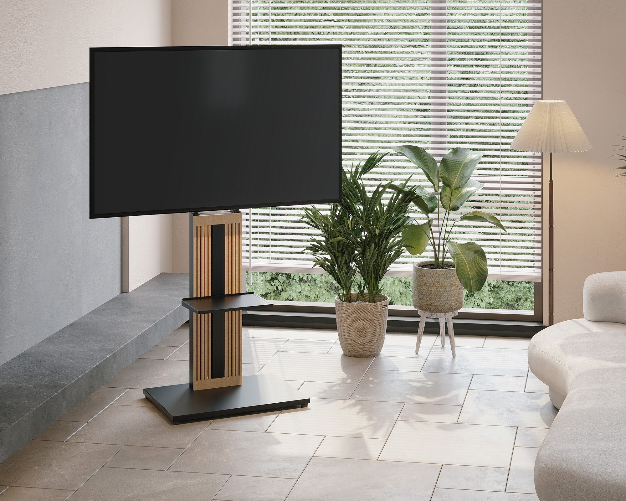 FITUEYES TV-Ständer aus Holz, mit höhenverstellbarer Ablage, ±15° schwenkbar, 32-65 Zoll, (bis 65,00 Zoll, höhenverstellbar, mit Kabelmanagement) – Bild 4 von 5