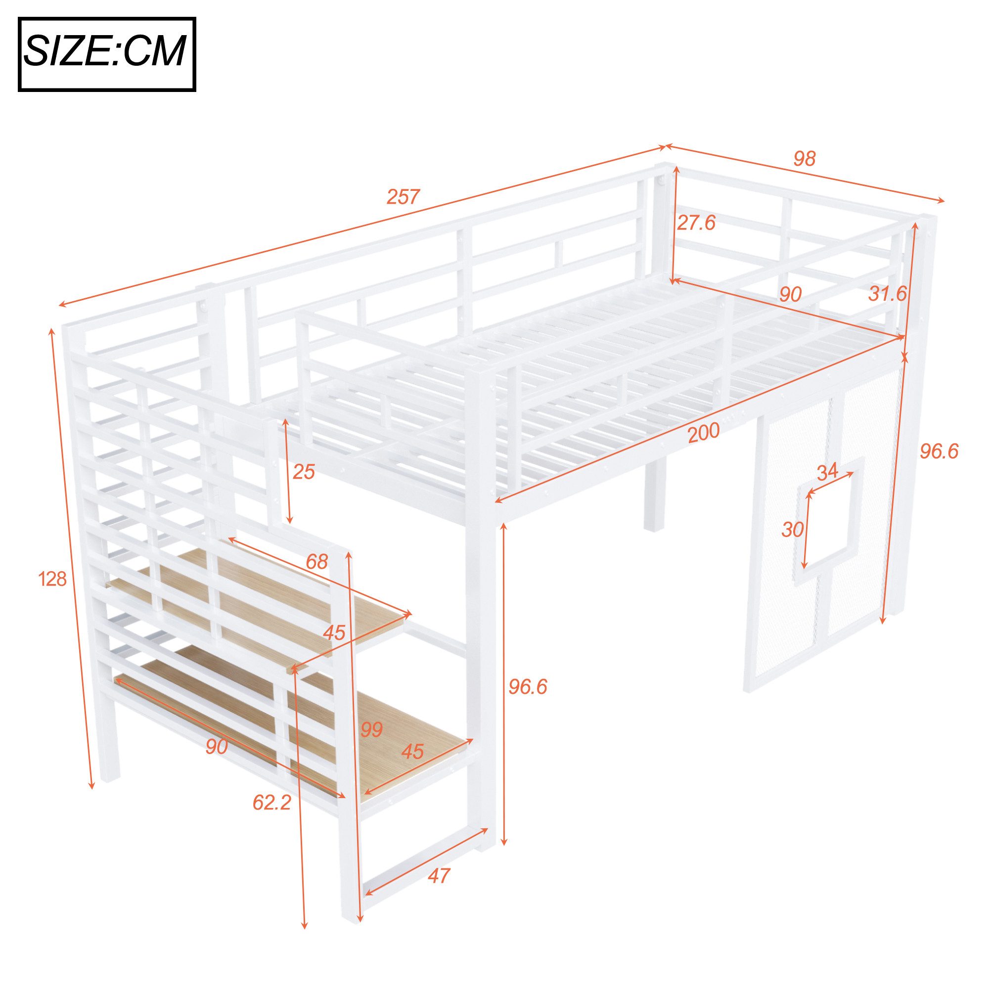 Merax Hochbett mit LED-Beleuchtung (1-St., Jugendbett Einzelbett Hausbett) Metallbett Kinderbett 90x200cm mit Treppe, Stauraum & Fenster – Bild 5 von 5