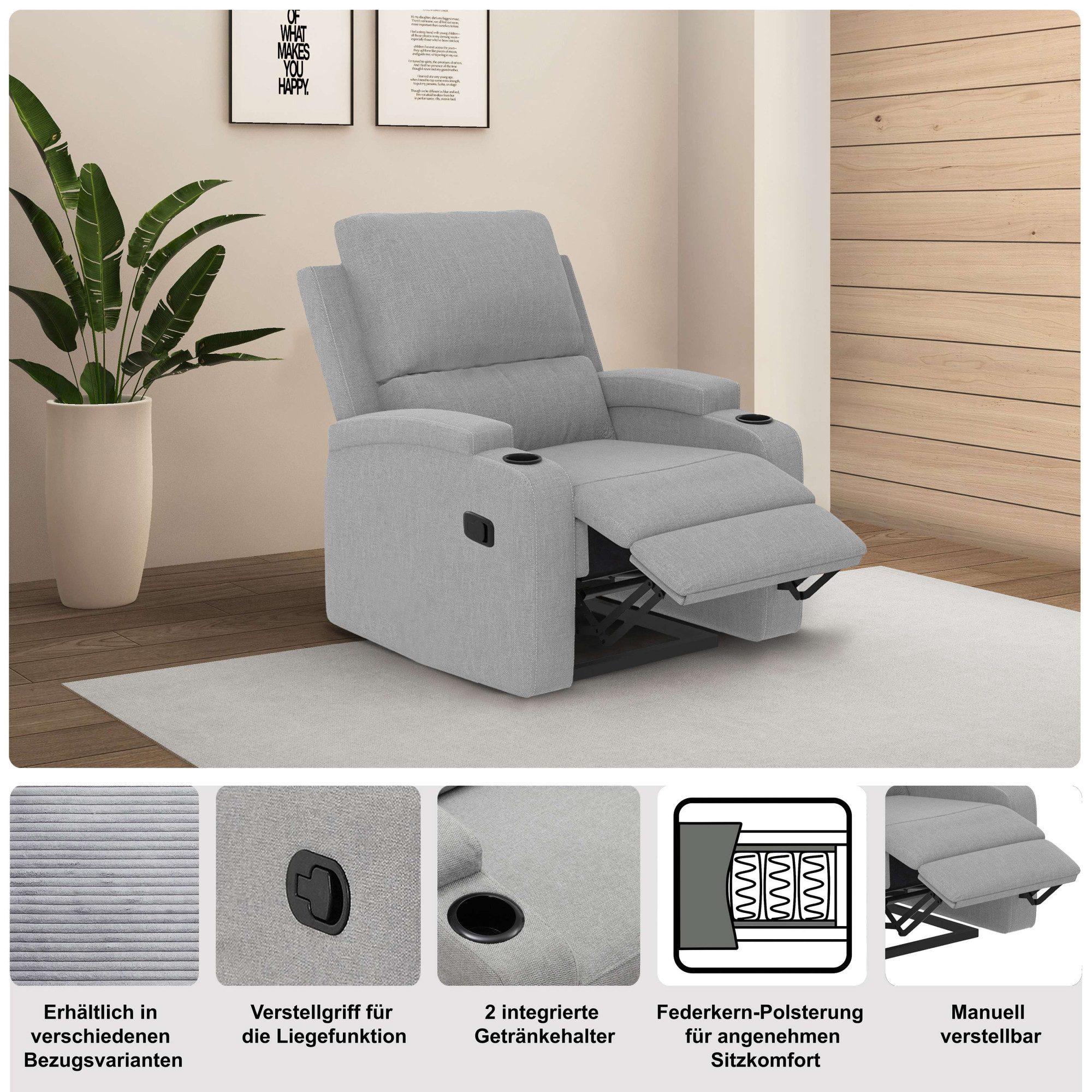 OTTO home Relaxsessel NAPORI Cord, Kinosessel, Multimedia-Sessel, TV-Sessel mit manueller u elektrischer Relaxfunktion u. Getränkehalter