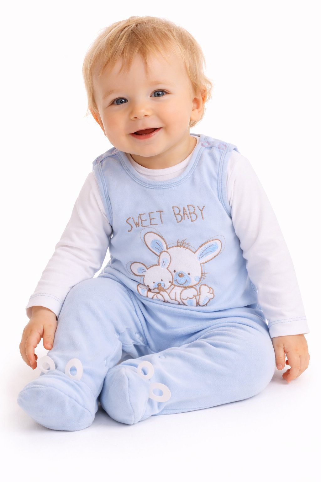 Strampler Baby Anzug 2tlg Stramplerhose und Langarmshirt in Blau mit Hasen