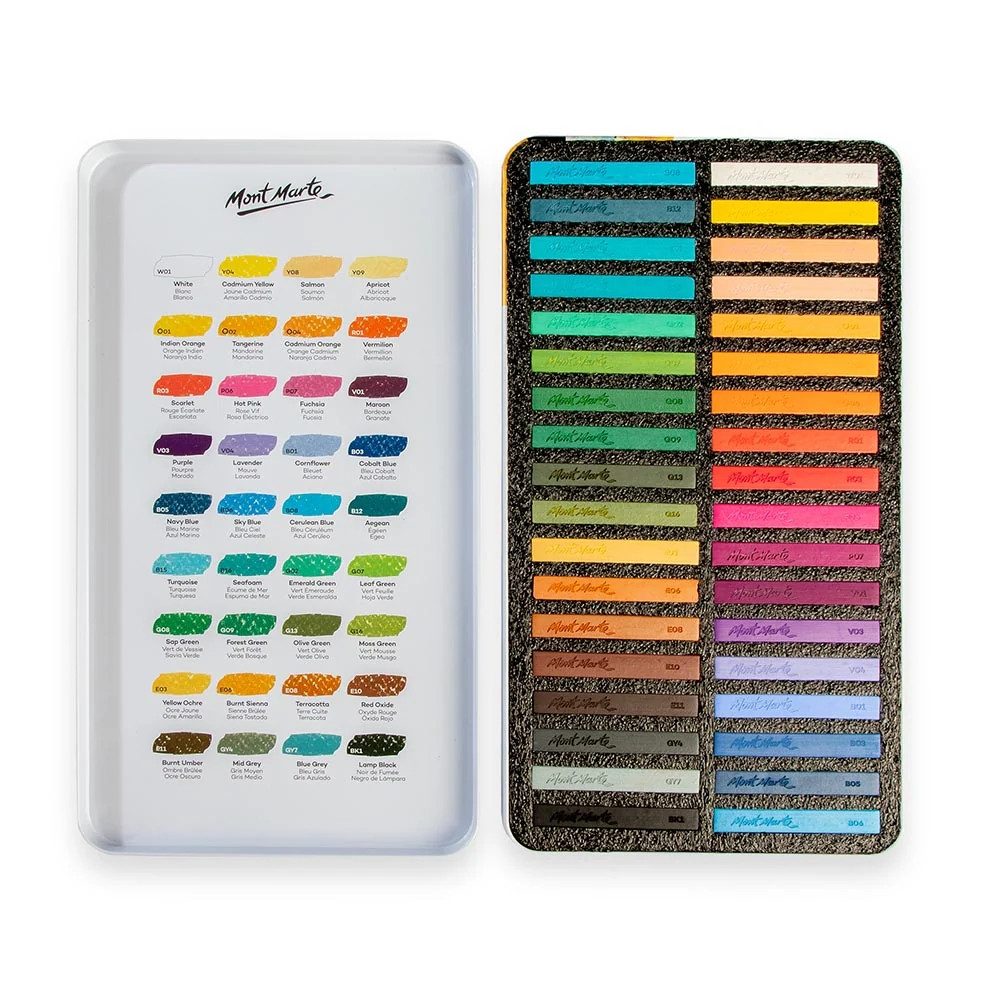 Mont Marte Pastellkreide Set Weiche Pastellkreiden 36 Farben - Softpastellkreide im Metall-Etui, Ideal zum Mischen, Schattieren und Zeichnen feiner Linien