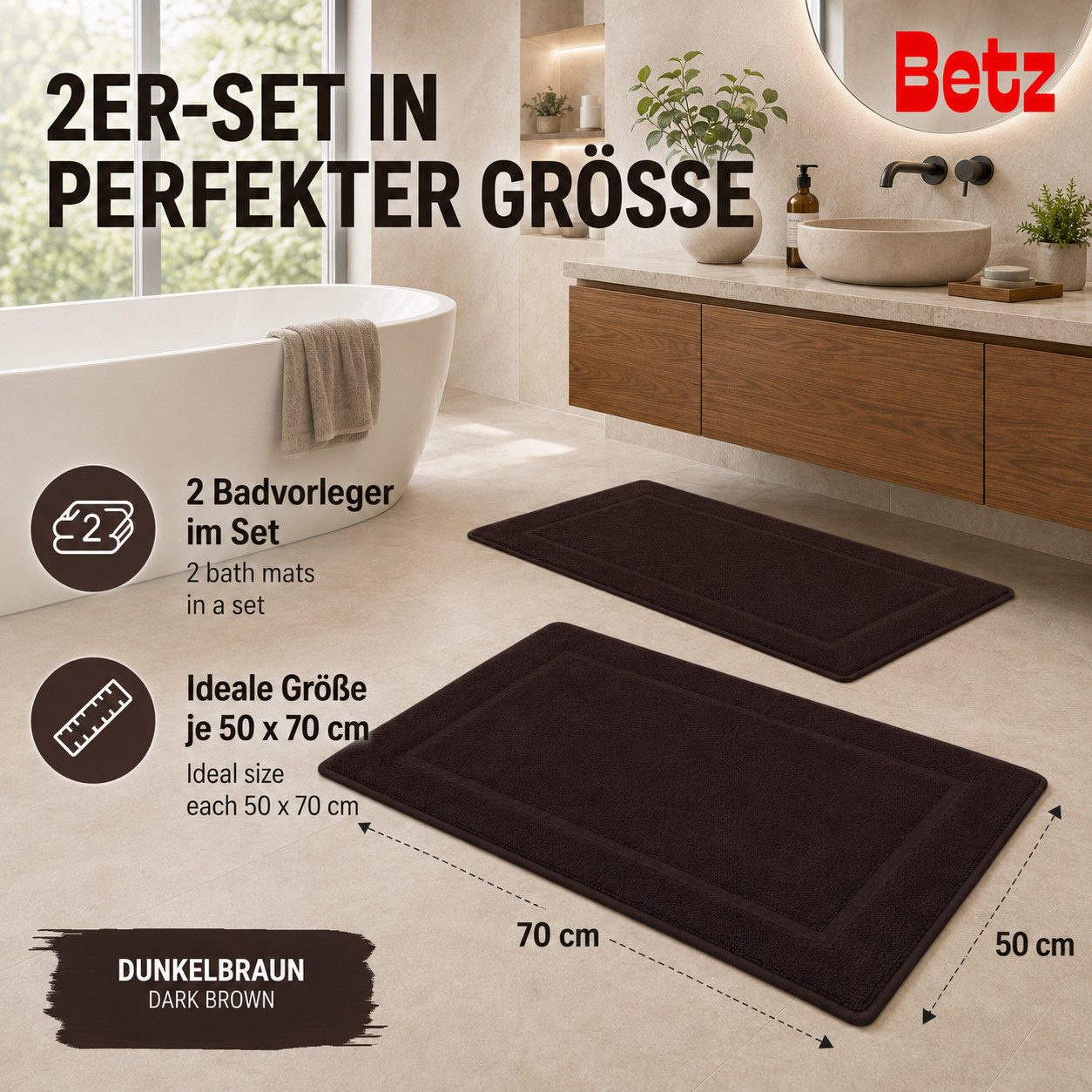 Betz Badematte 2 Stück Badvorleger Premium Badteppich Größe 50x70 cm, unbeschichtet, beidseitig nutzbar, beidseitig nutzbar, Baumwolle, Qualität 650g/m² – Bild 3 von 5