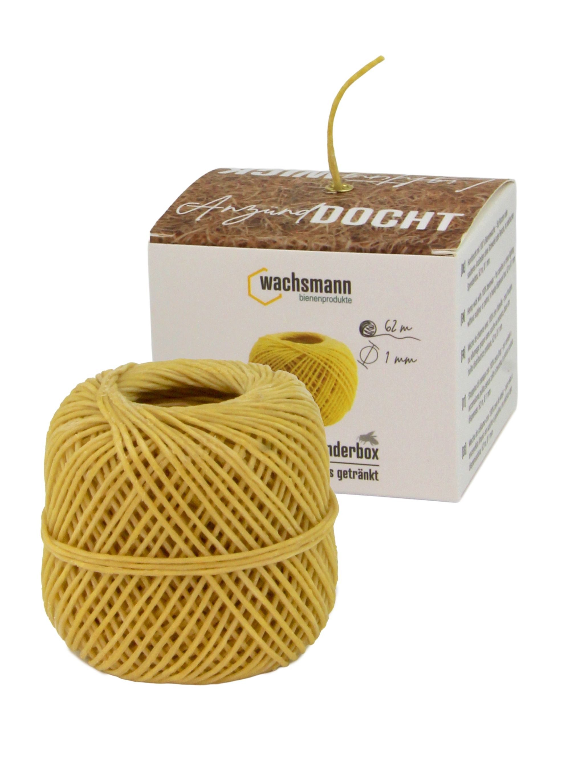 Wachsmann Bienenprodukte Bienenwachskerze Hanfdocht in Spenderbox (62 m, 1 mm Durchmesser), in Bienenwachs getränkt