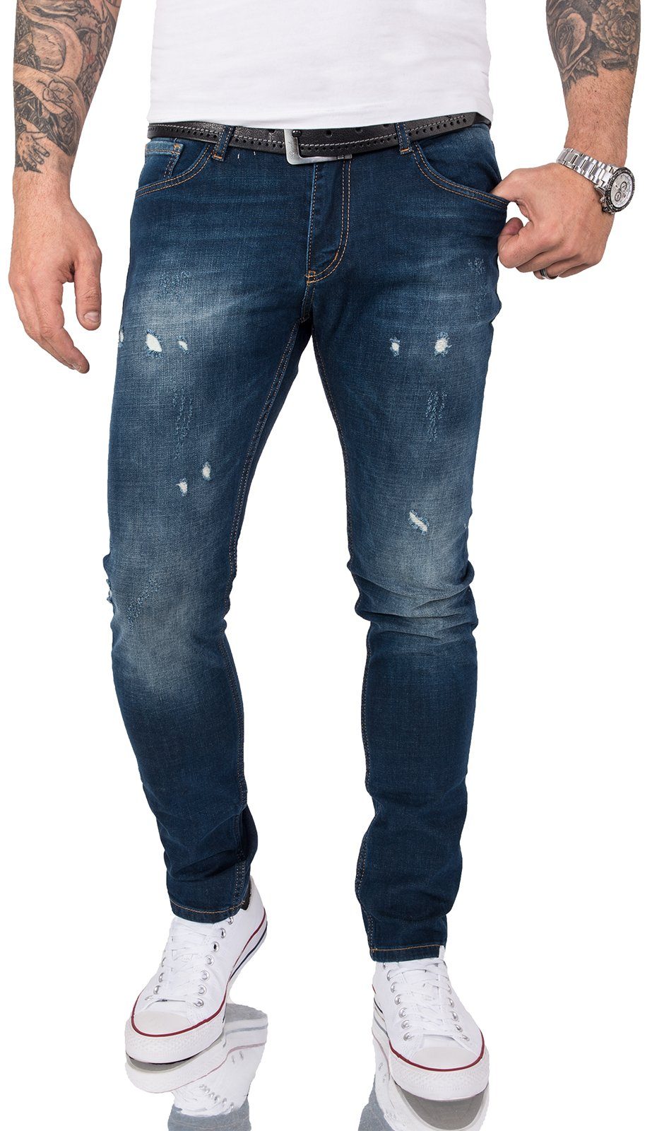 Gelverie Slim-fit-Jeans Herren Jeans Stonewashed Dunkelblau G-202