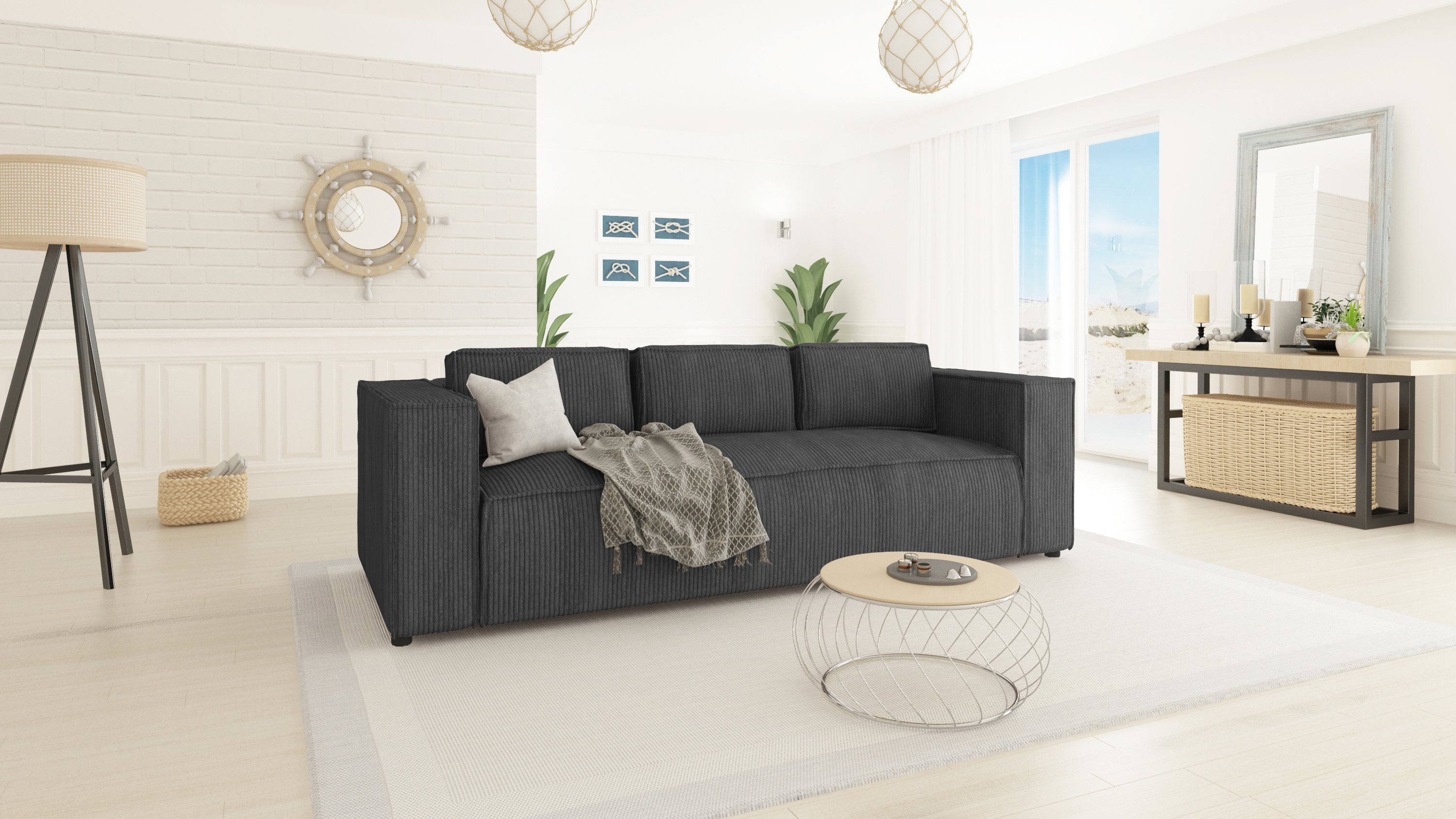 S-Style Möbel 3-Sitzer Cord sofa Renne, 1 Teile, mit Wellenfederung Grau