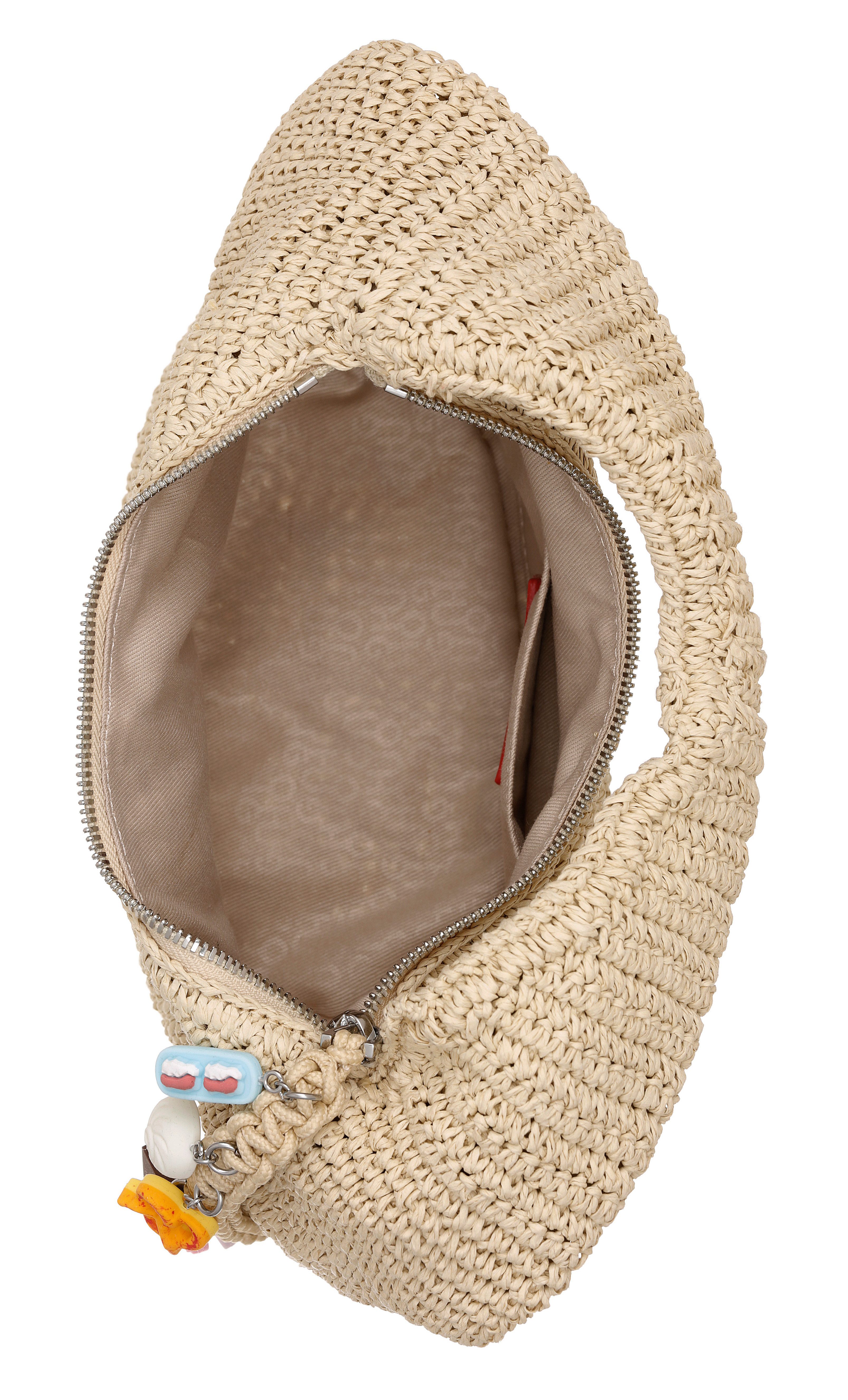 HUGO Schultertasche Zeya, Bast-Tasche, Urlaubstasche mit süßen Anhängern
