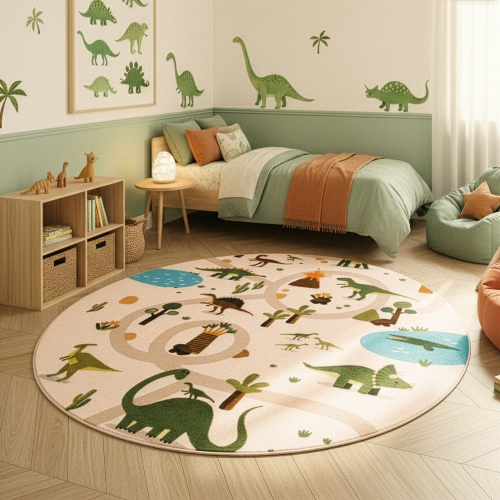 SIMPEX24 Teppich Bunte Dino Welt, Rund, Höhe: 8 mm, Teppich Kinderzimmer