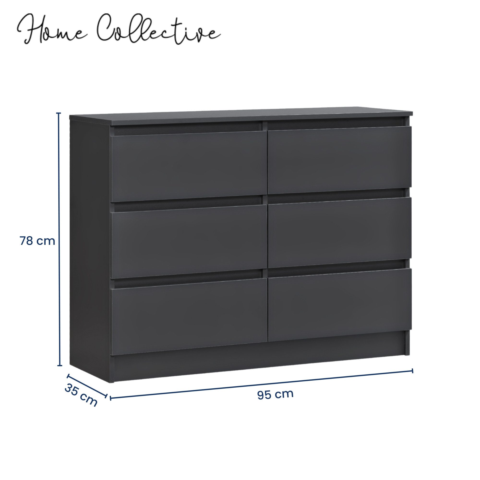 Home Collective Kommode mit 6 Schubladen 95, 120, 140, 160 cm breit Holz Schrank (Highboard Anrichte Schlafzimmer Wohnzimmer Flur Büro Organizer), Kommode 100 cm breit Kommode Sideboard, Anthrazit