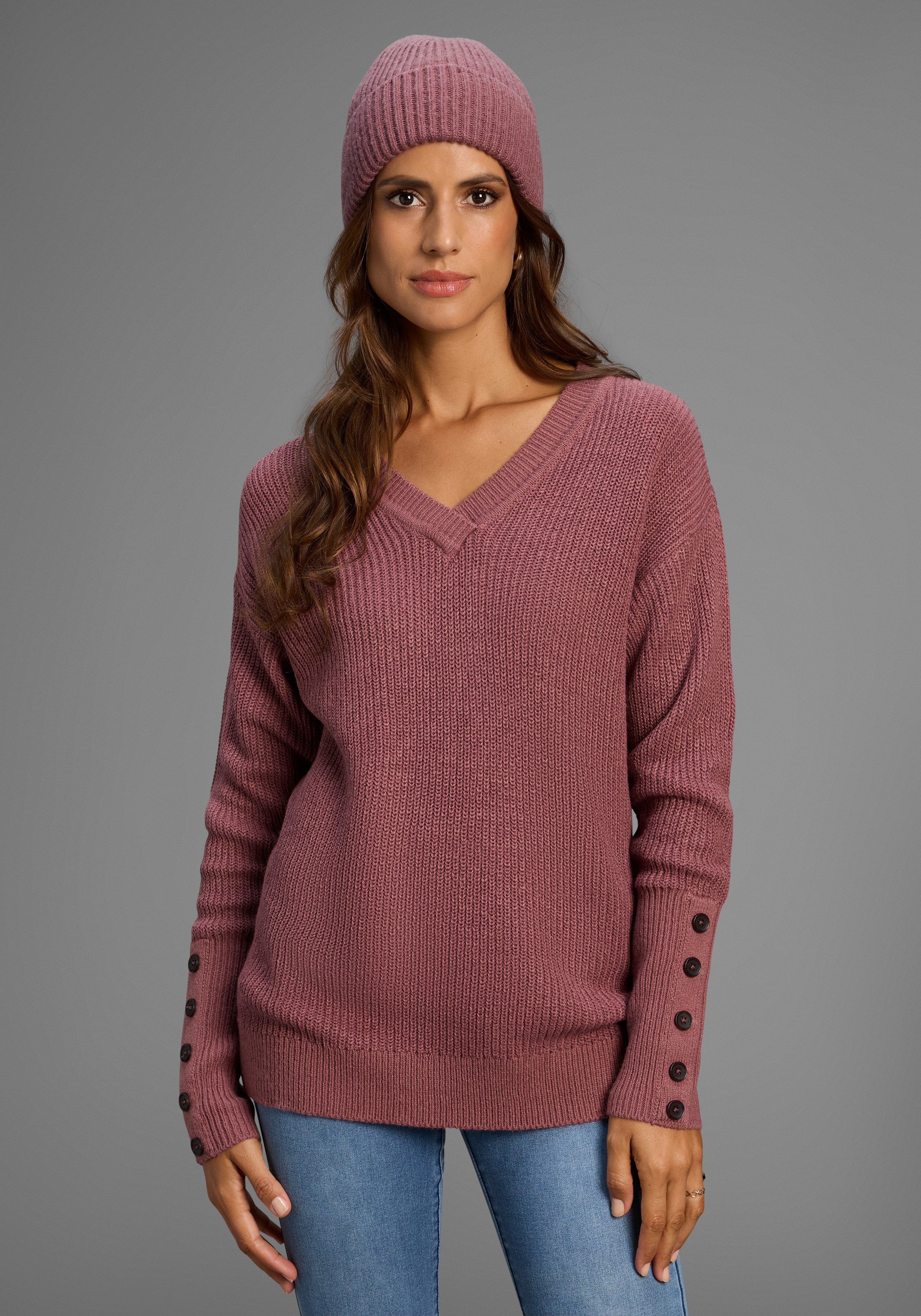 Laura Scott V-Ausschnitt-Pullover Übergangspullover aus Baumwolle mit Knopf günstig online kaufen