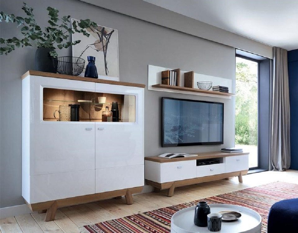 JVmoebel Wohnwand Modernes Designer Wohnzimmer Set in Hochglanz Weiß mit TV-Lowboard, (3-St., 3 tlg. Wohnzimmer Set (TV-Lowboard + Schrank + Wandregal)(TRK), Made in Europa
