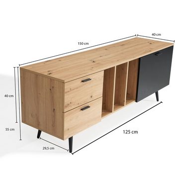 Wohnling Lowboard WL6.820 (Eiche-Dekor, 150x55x40 cm, zwei Schubladen), TV-Kommode Hoch, TV-Schrank Modern Fernsehtisch