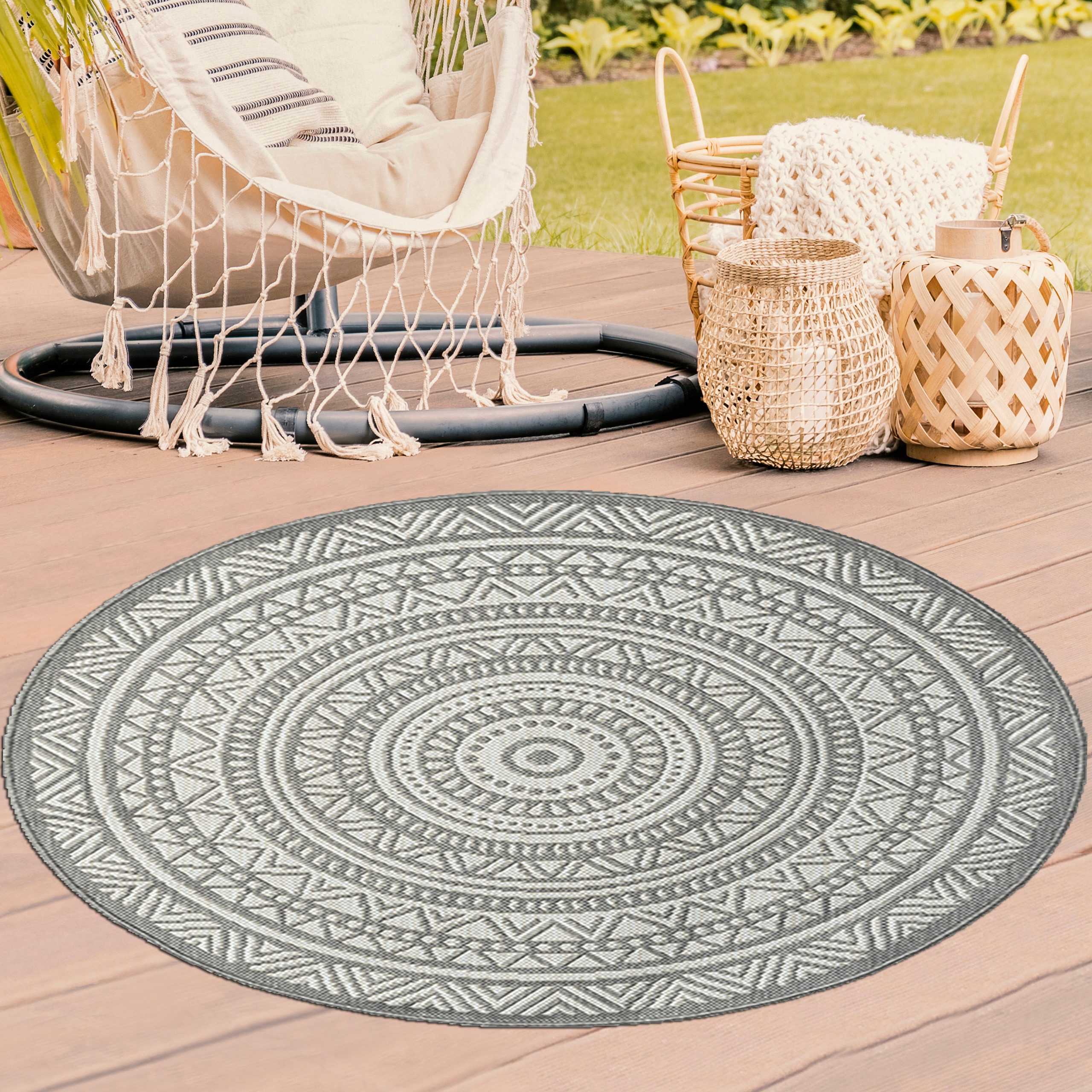 TeppichHome24 Outdoorteppich Runder Teppich mit Ethno-Muster in Grau und Weiß, Rund