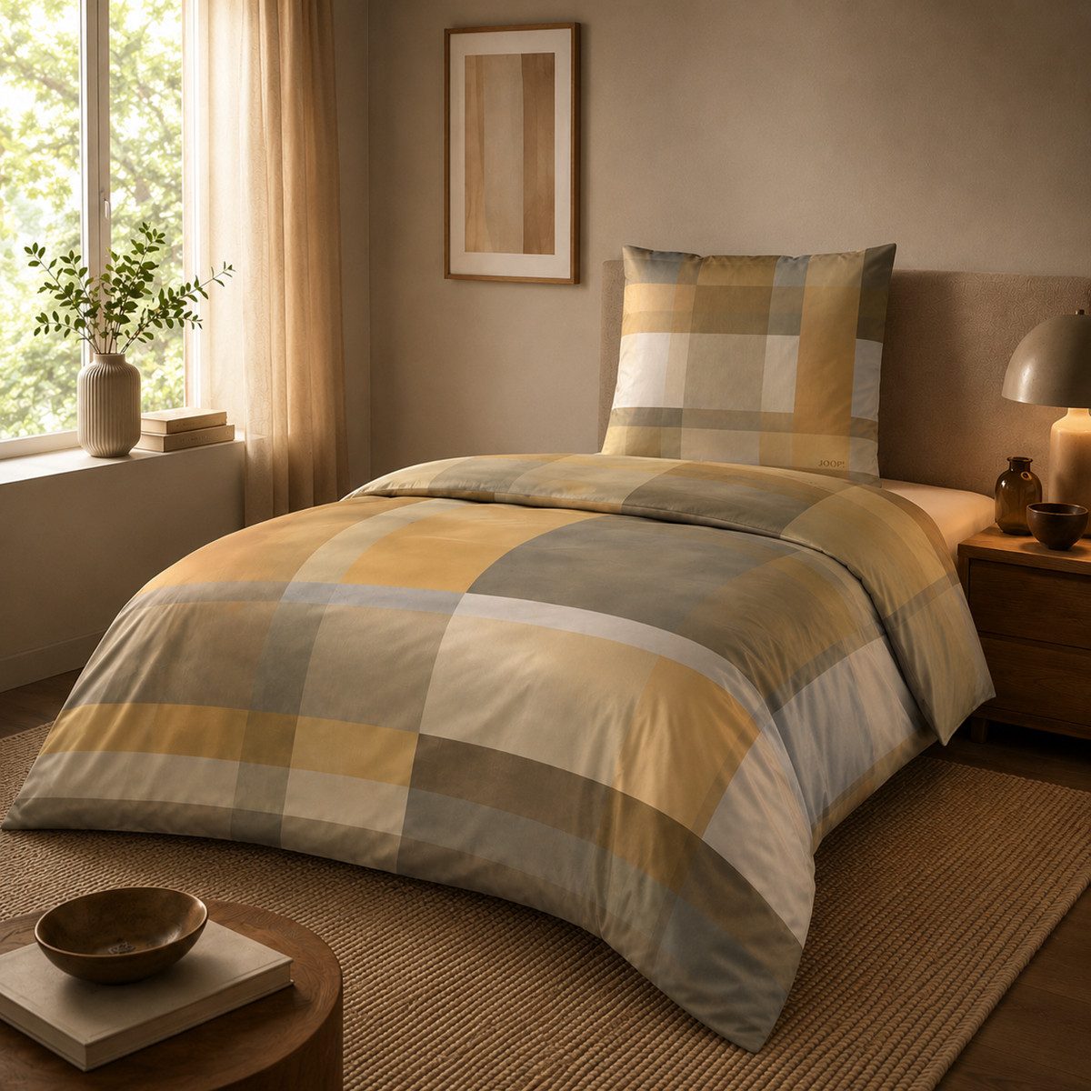 JOOP! Bettwäsche JOOP! Comfort Satin Bettwäsche Glow 4080-3 senf natur Kariert 135x200, 2 teilig