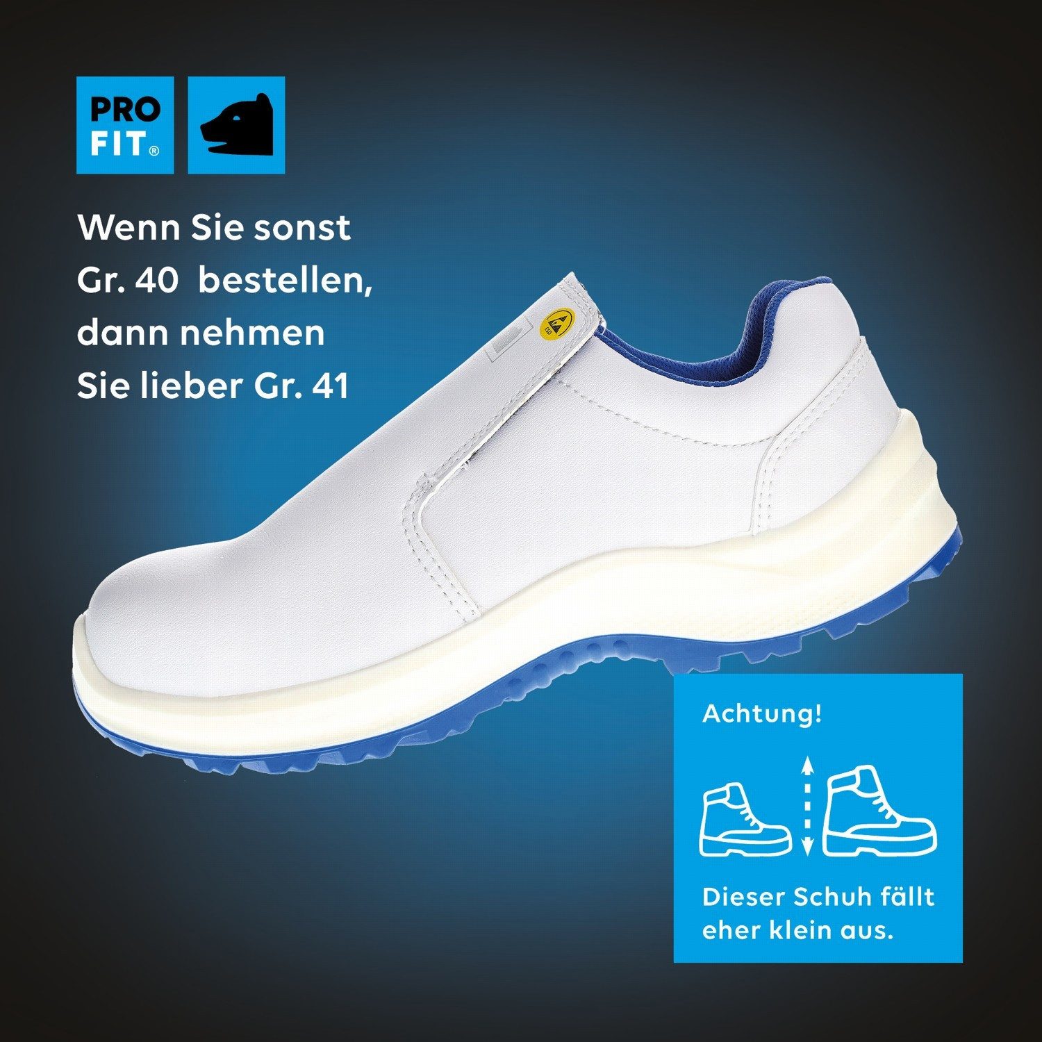 PRO FIT 120 ESD Sicherheitsschuhe S2 "Arctos white low", weiß/blau, Arbeitsschuh (1, Paar) Zehenschutzkappe, Atmungsaktiv, für Arbeiten im Weißbereich