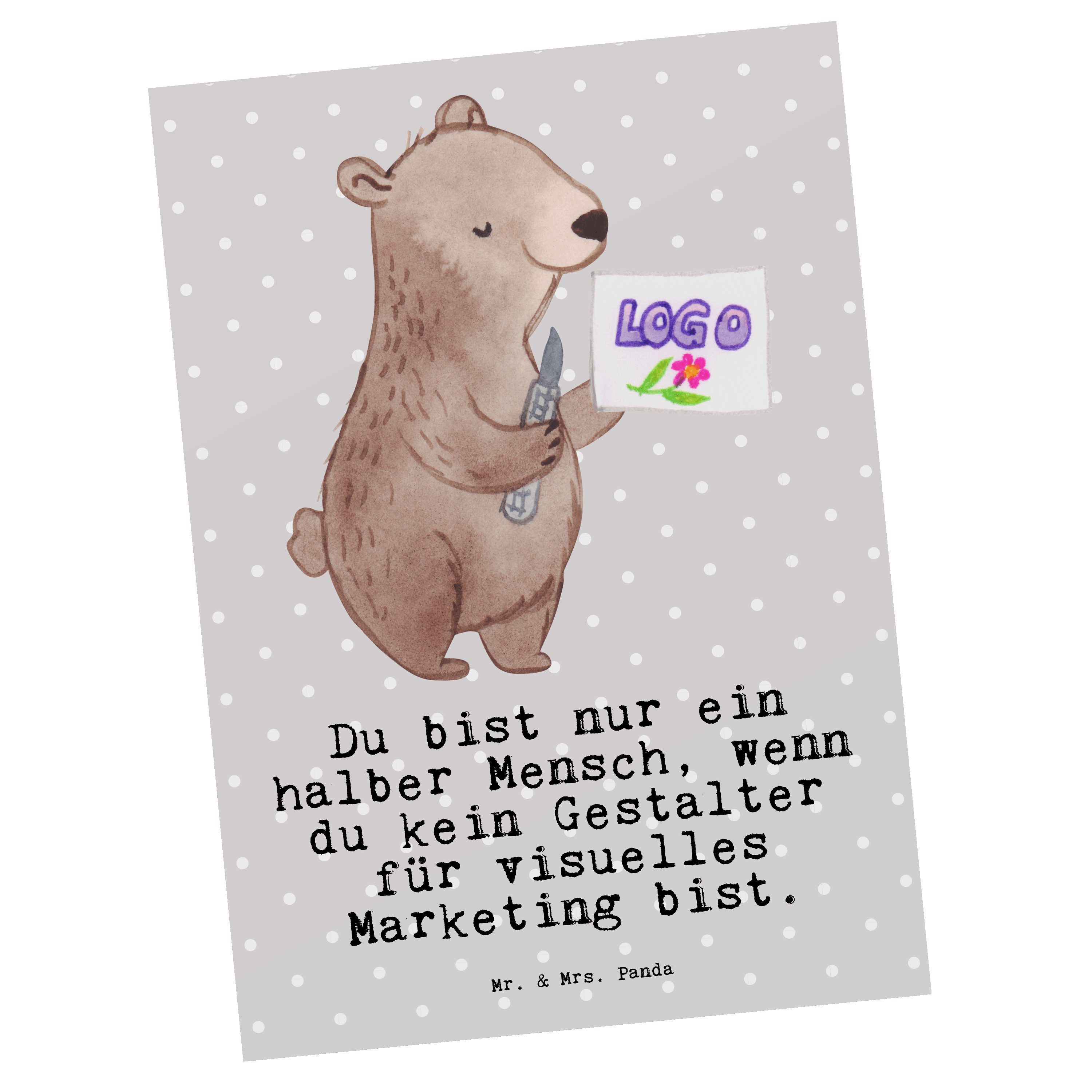 Mr. & Mrs. Panda Postkarte Gestalter für visuelles Marketing mit Herz - Grau Pastell - Geschenk