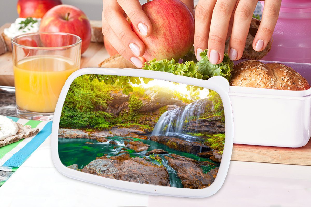 MuchoWow Lunchbox Natur - Wasserfall - Mädchen Brotbox Sonne, Erwachsene, und (2-tlg), Kinder weiß und Jungs Brotdose, - Kunststoff, - Pflanzen für Bäume für