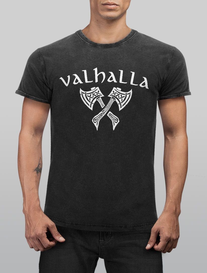 T-Shirt Aufdruck Mythologie Shirt mit Vintage Printshirt nordische Print Axt Neverless® Wikinger Valhalla Print-Shirt Krieger Neverless Herren